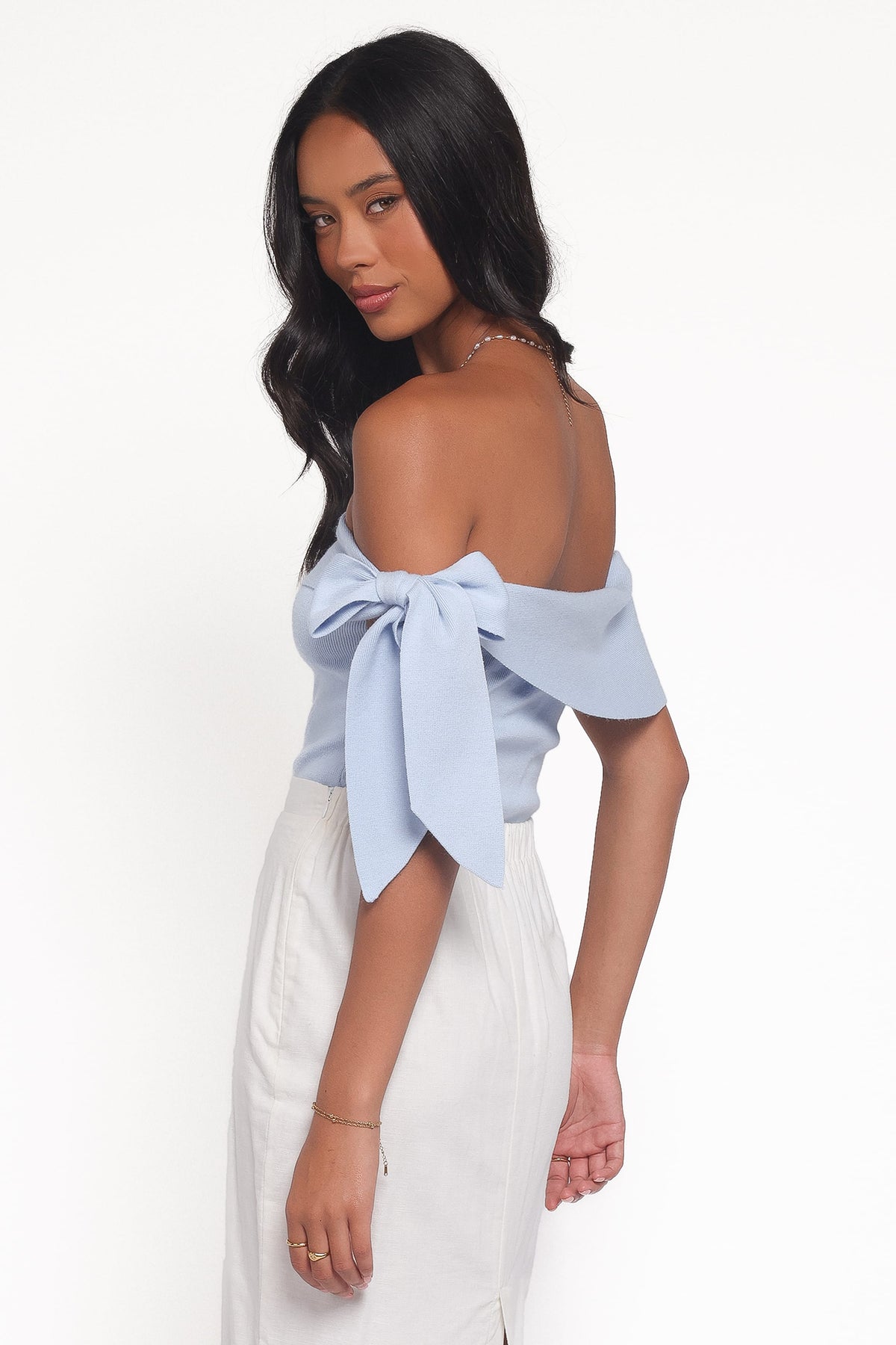 Charama Off Shoulder Knit Top in Blue – view 3 of 8