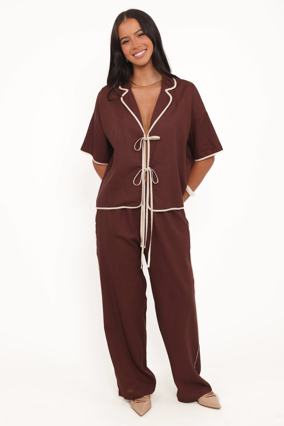 Dalton Tie Top in Brown Cream – view 3 of 7