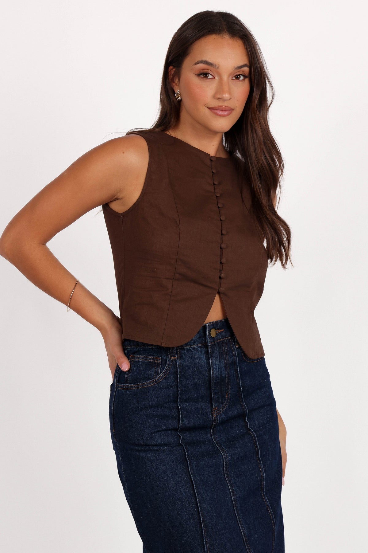 Daniella Linen Vest in Chocolate Brown – view 6 of 9