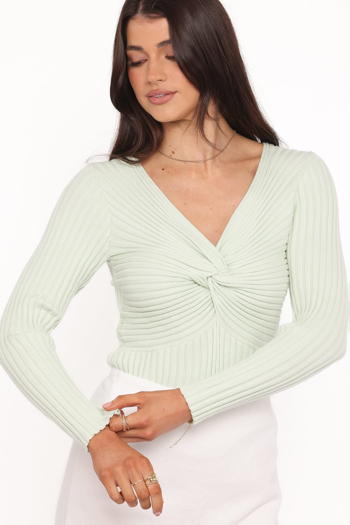 Demi Twist Detail Knit Top in Sage – view 2 of 6