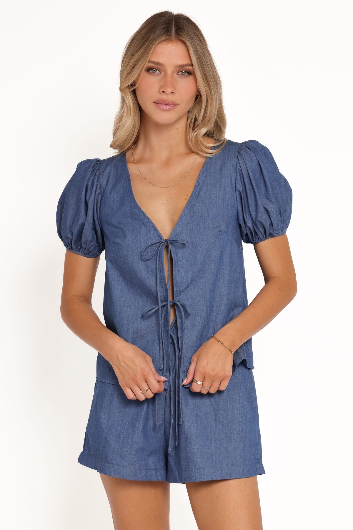 Dominic Tie Front Top in Denim – view 2 of 8