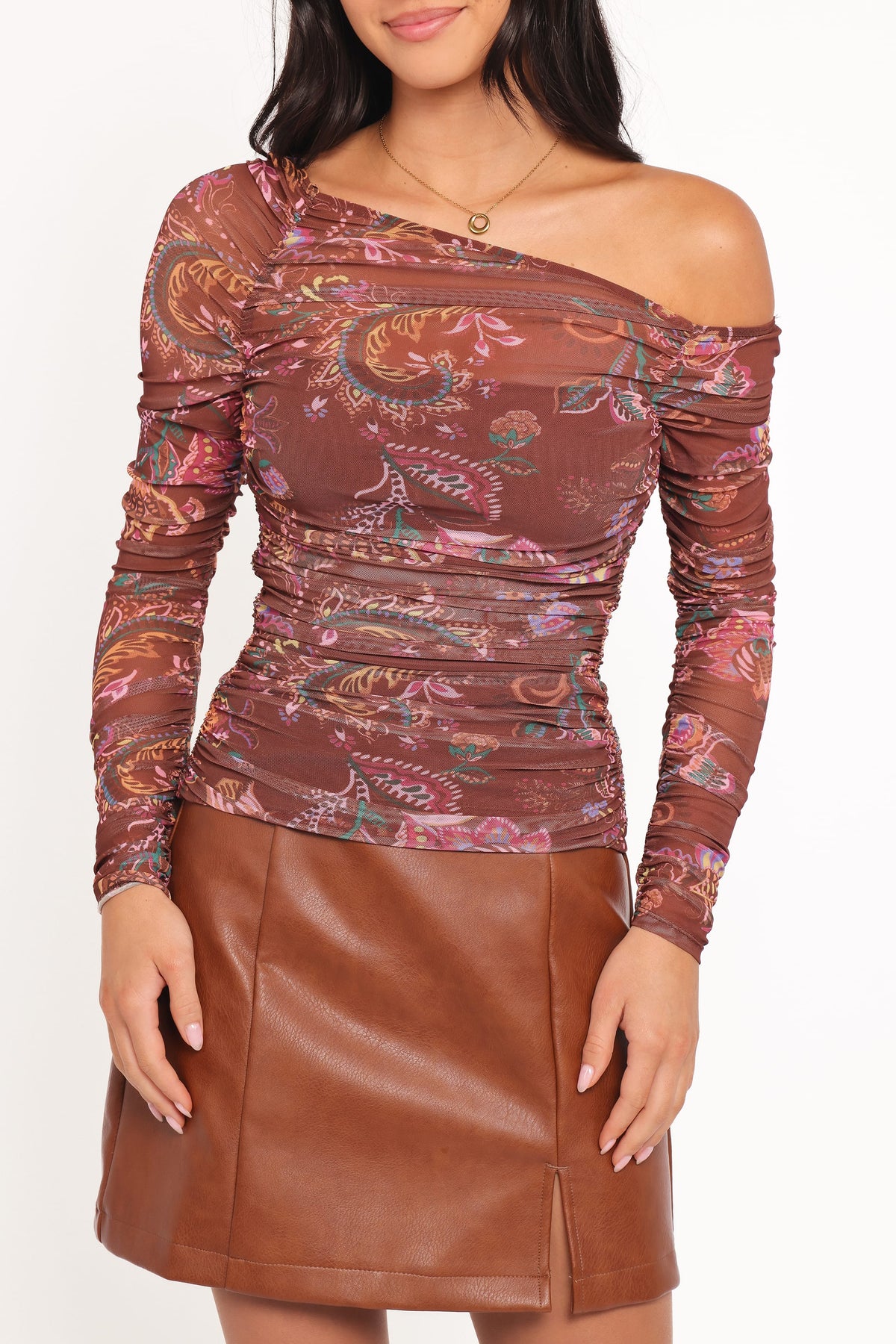 Elfrida Off Shoulder Mesh Top in Brown Floral – view 3 of 7