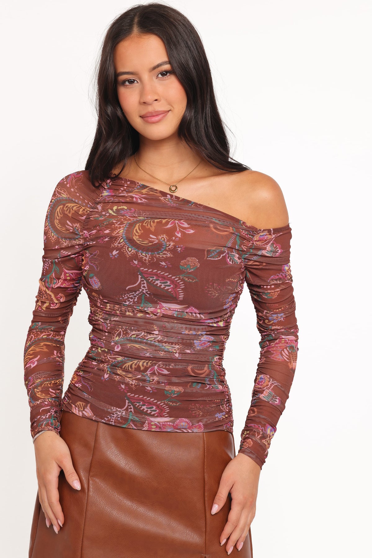 Elfrida Off Shoulder Mesh Top in Brown Floral – view 5 of 7