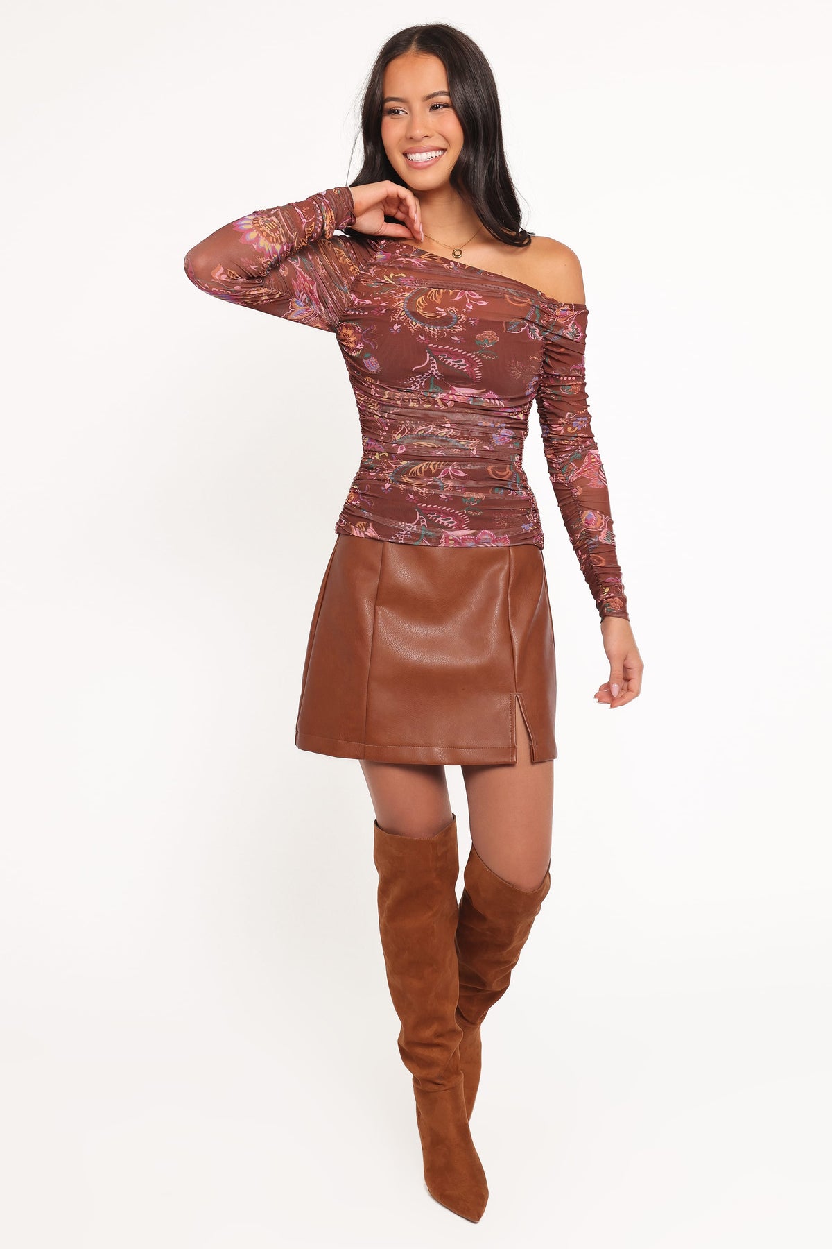 Elfrida Off Shoulder Mesh Top in Brown Floral – view 6 of 7