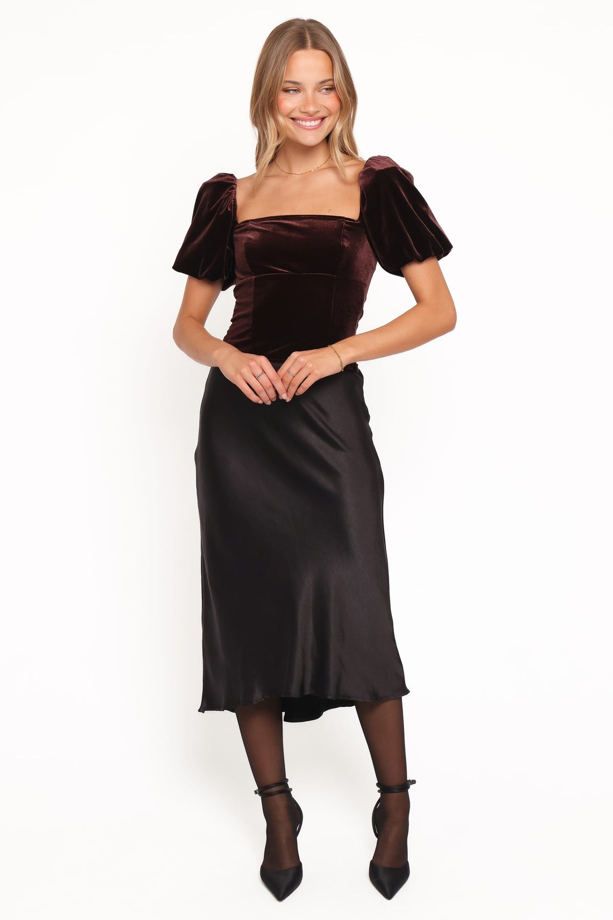Elyria Puff Sleeve Top in Chocolate – view 1 of 6