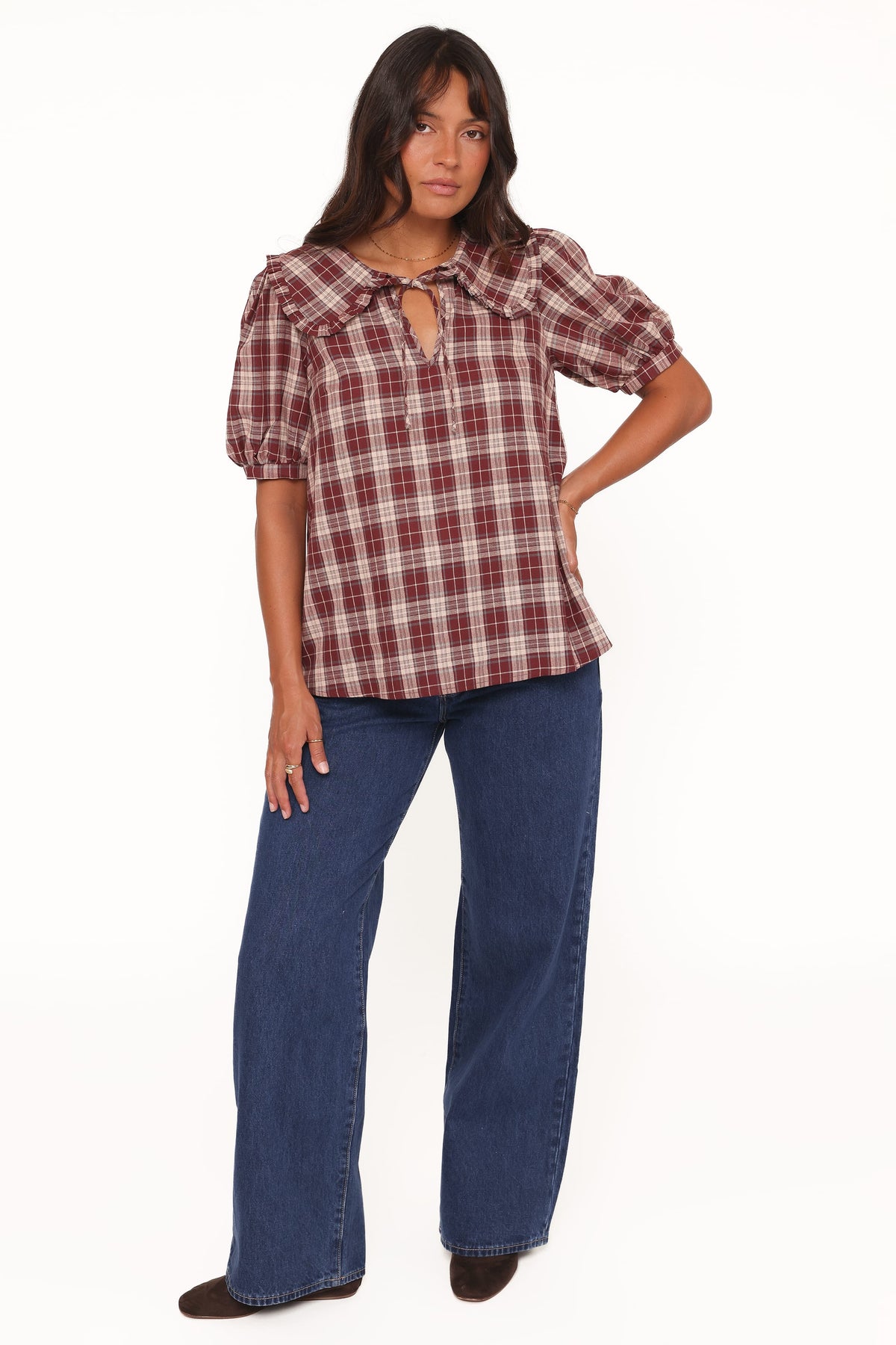 Evandri Frill Collar Top in Burgundy Plaid – view 6 of 9