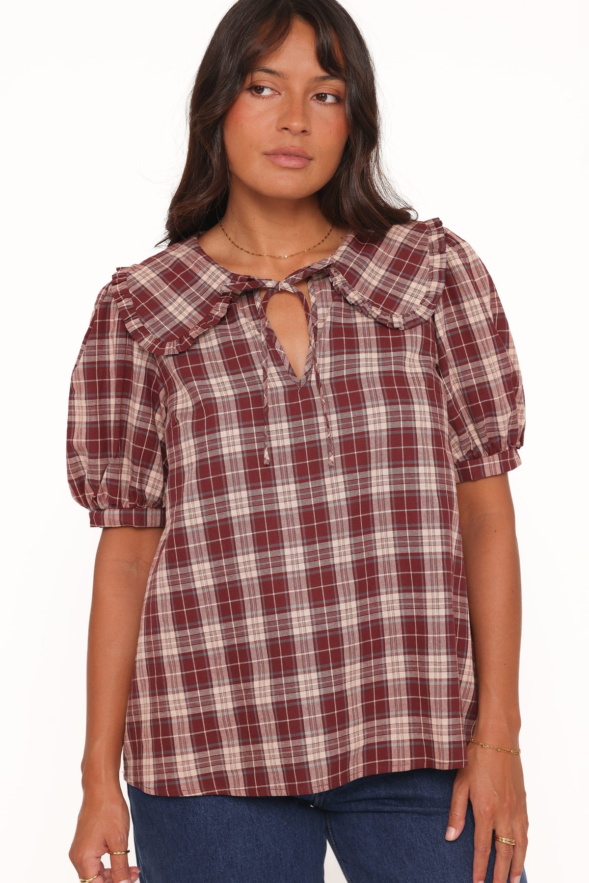 Evandri Frill Collar Top in Burgundy Plaid – view 2 of 9