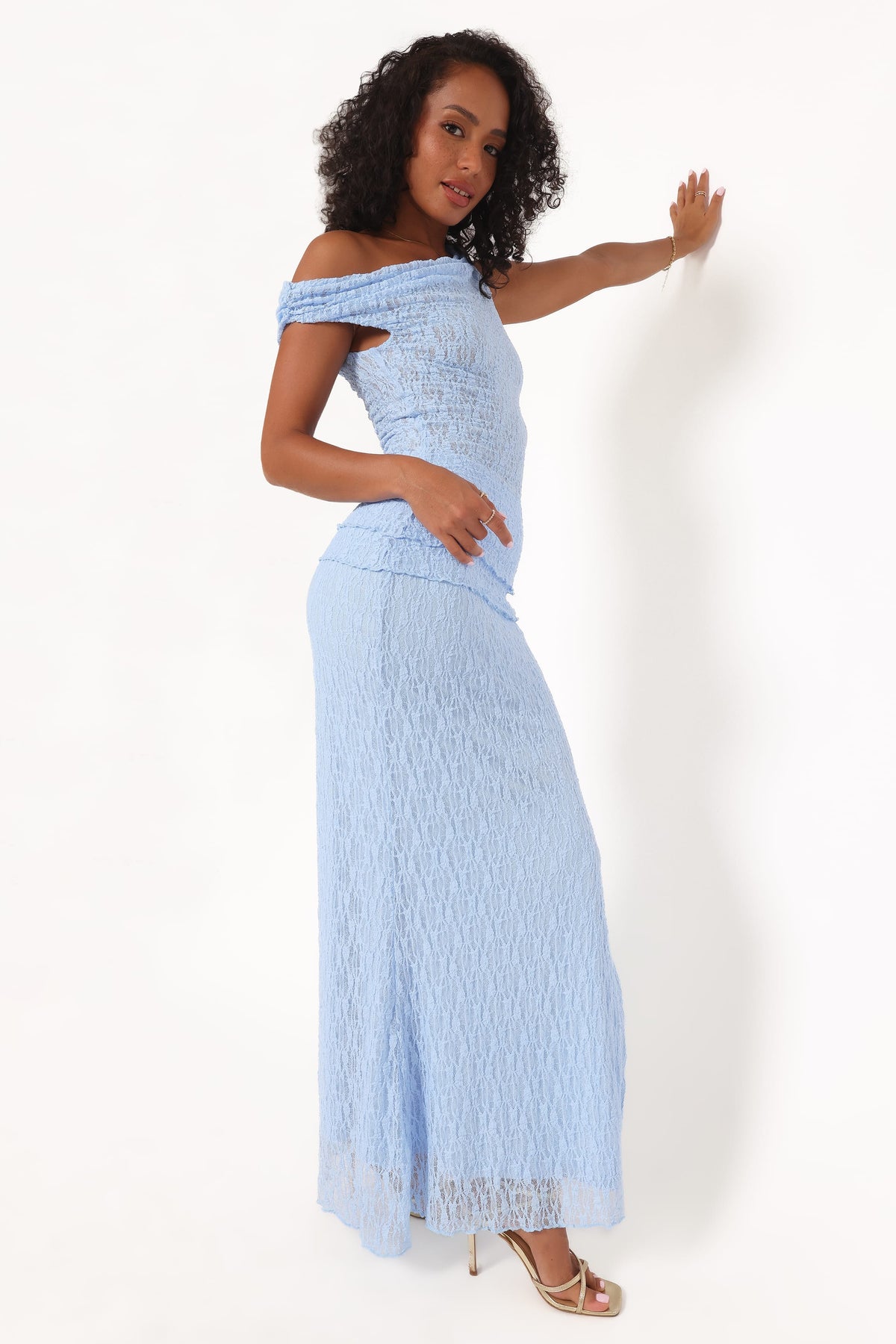 Faeriel Off Shoulder Lace Knit Top in Blue – view 5 of 6