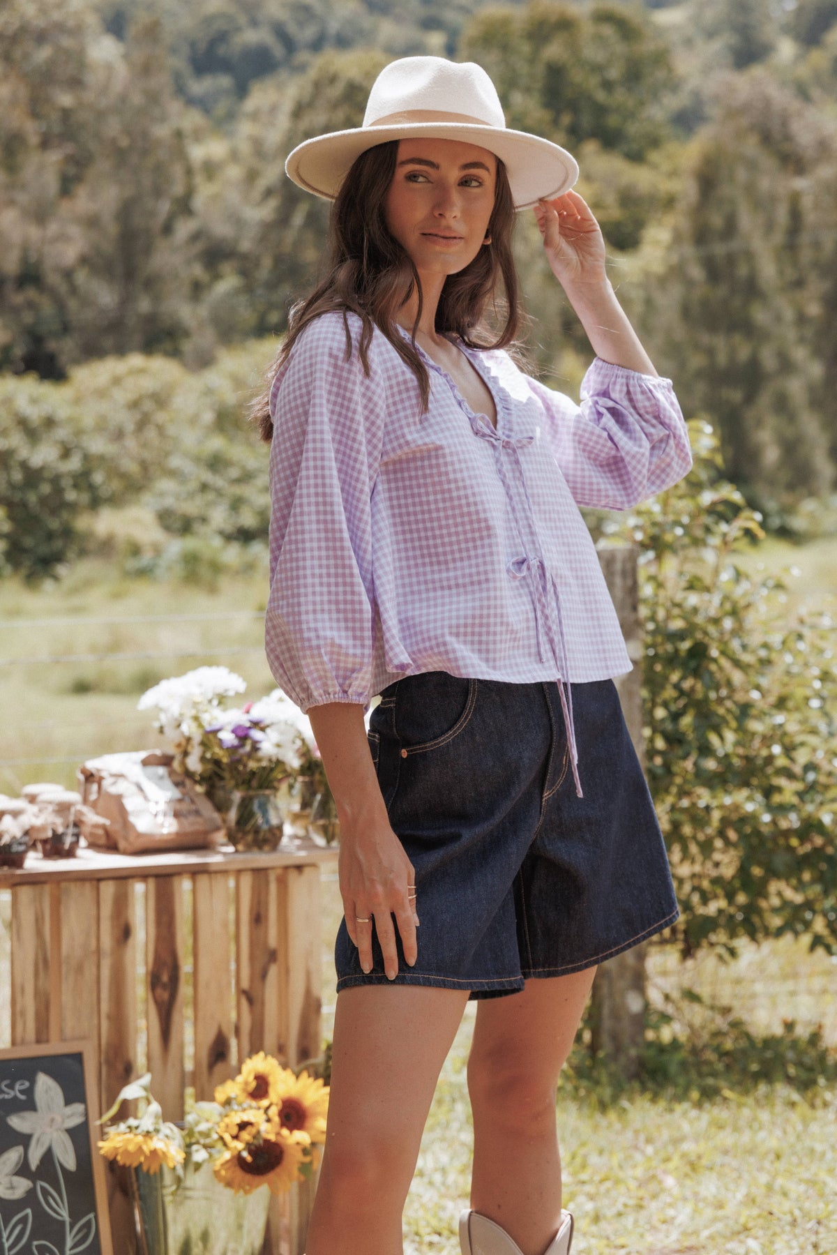 Fainche Front Tie Top in Lilac Gingham – view 9 of 9