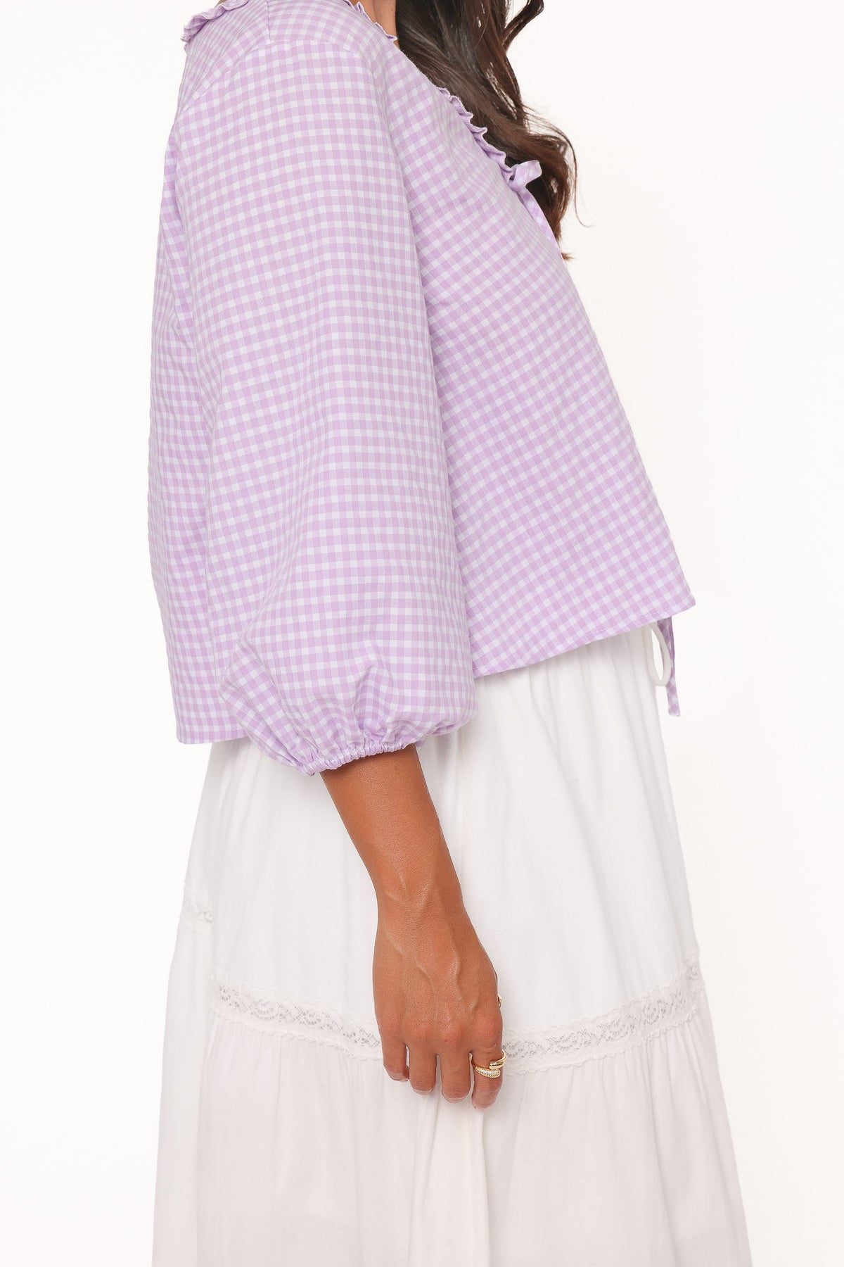Fainche Front Tie Top in Lilac Gingham – view 7 of 9