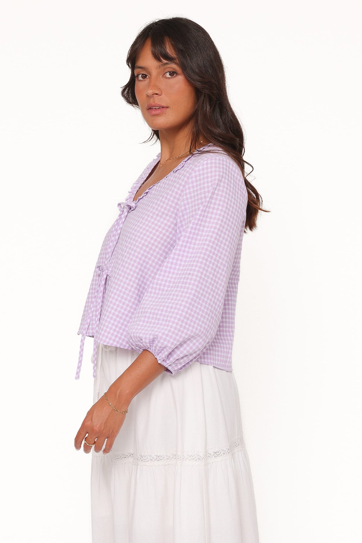 Fainche Front Tie Top in Lilac Gingham – view 4 of 9