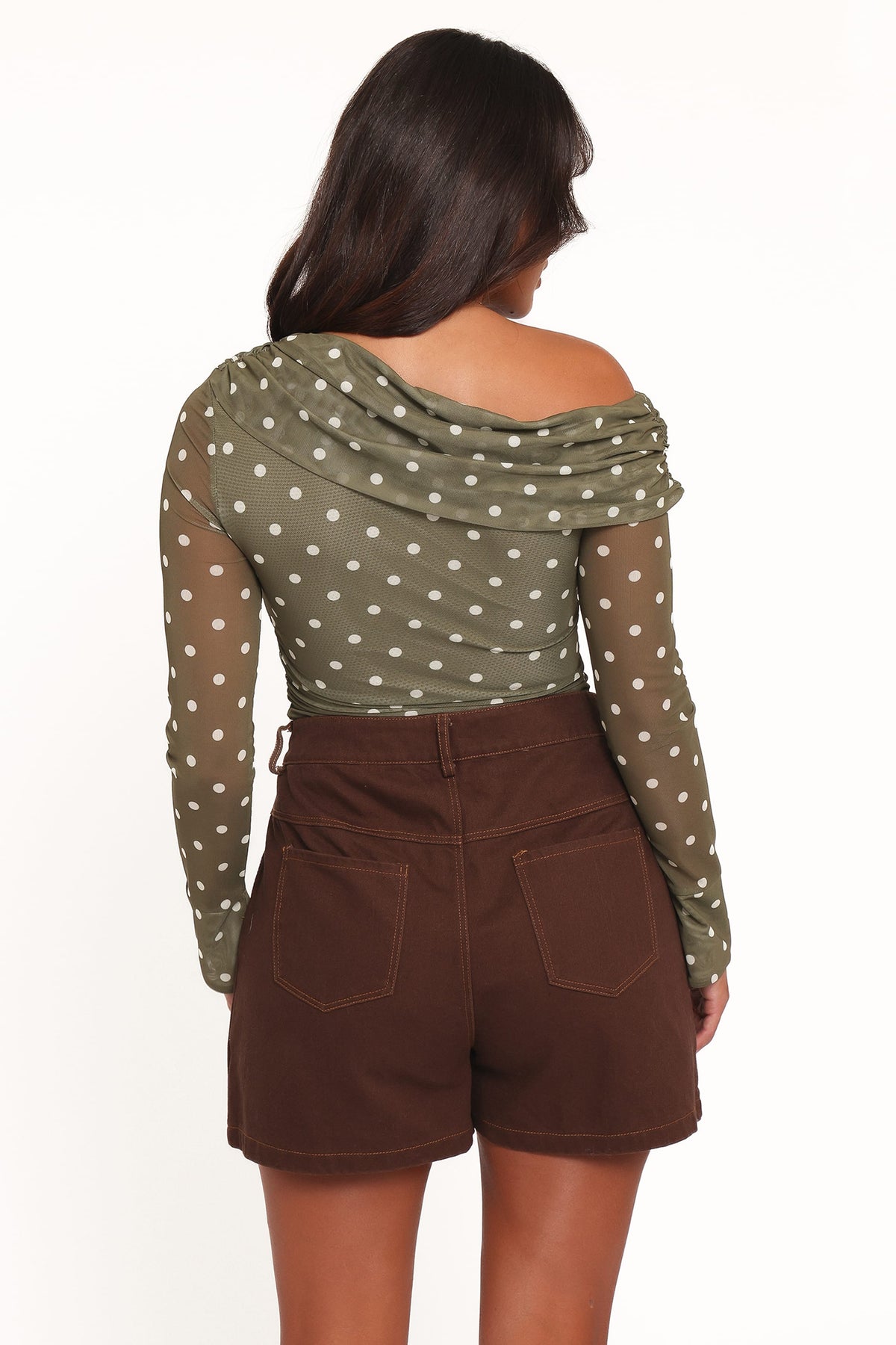 Ginevra Off Shoulder Mesh Top in Green Polka Dot – view 5 of 8