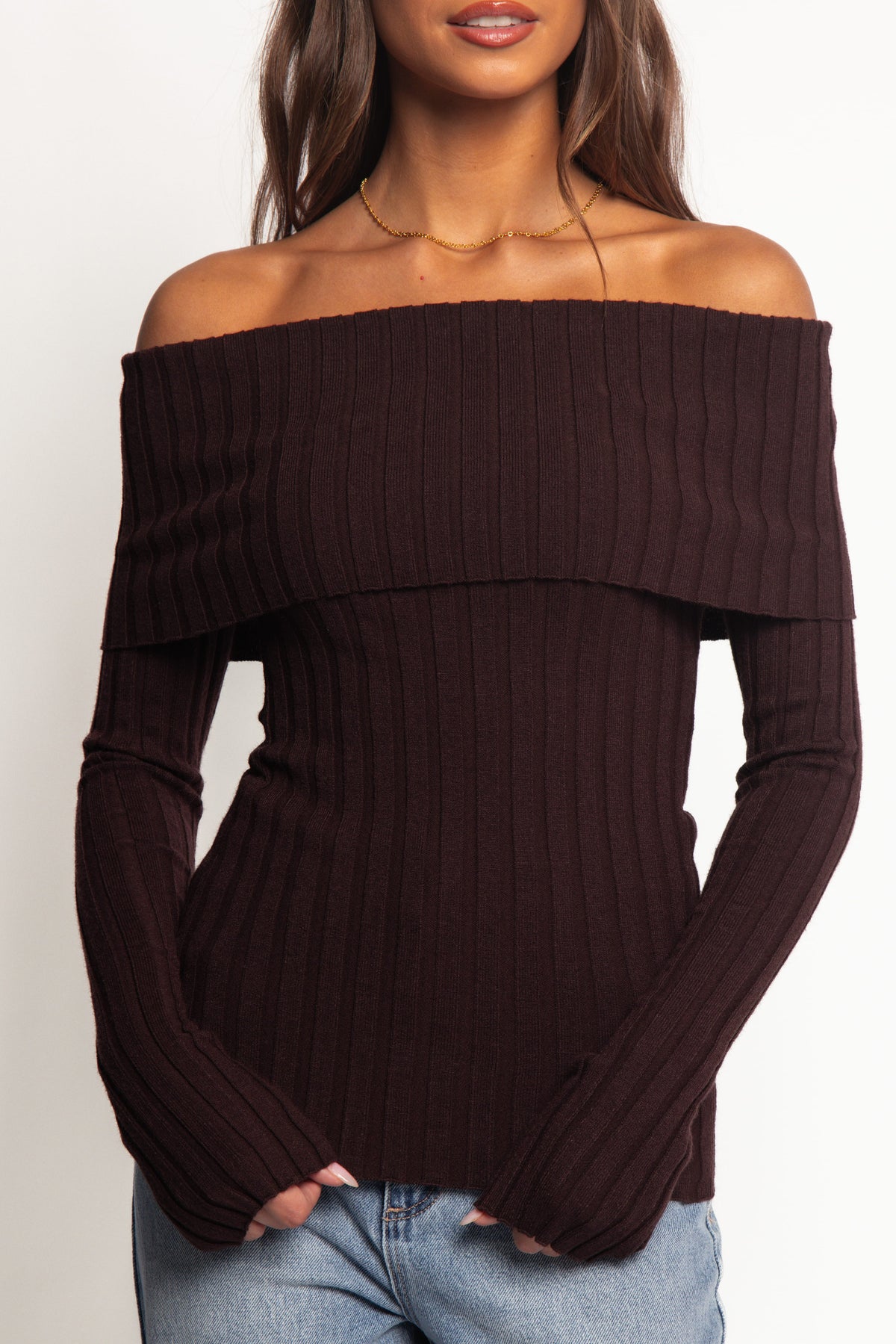 Inora Off Shoulder Knit Top in Chocolate – view 3 of 7