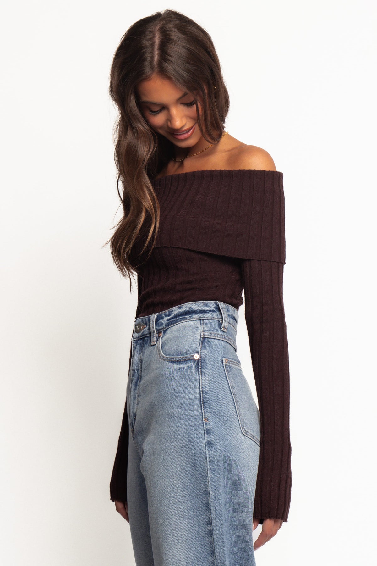 Inora Off Shoulder Knit Top in Chocolate – view 4 of 7