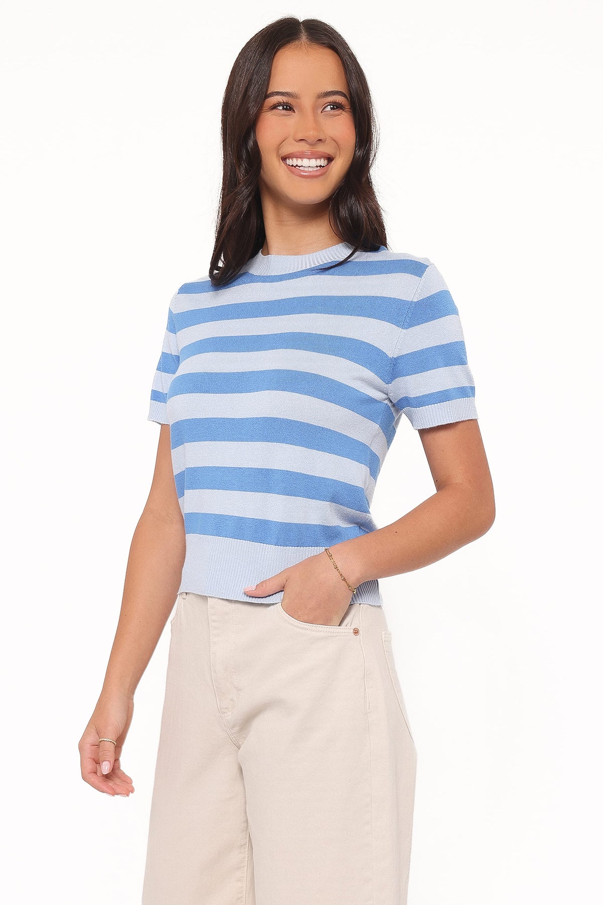 Joss Cropped Knitted Tee in Blue Stripe – view 4 of 9