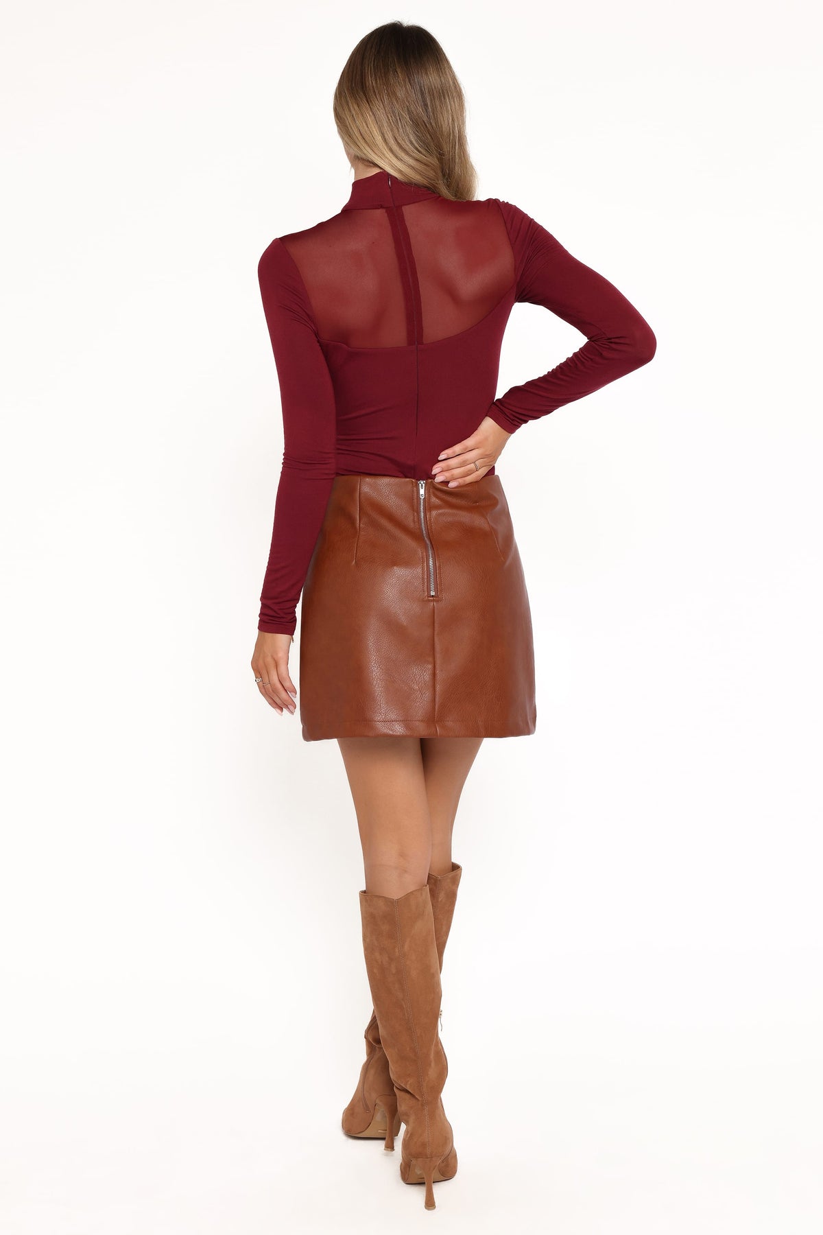 Kingsley Mesh Long Sleeve Bodysuit in Merlot – view 4 of 6