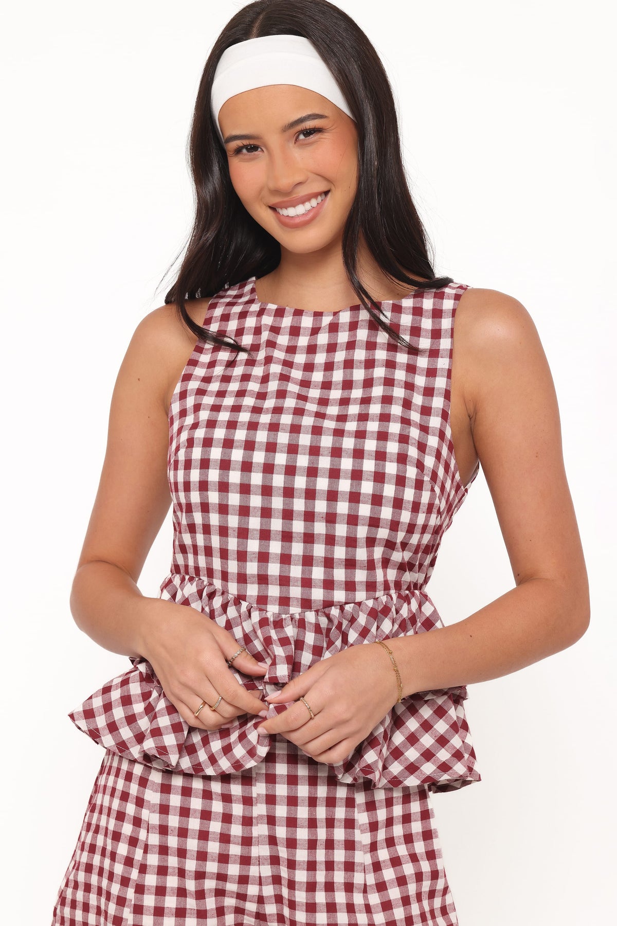 Landon Tiered Peplum Top in Burgundy Gingham – view 3 of 8