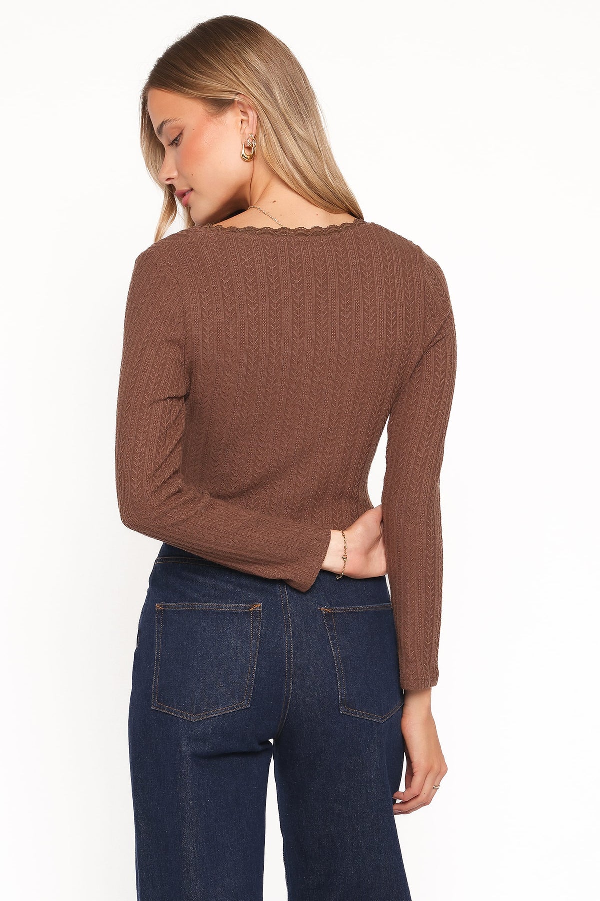 Leslie Long Sleeve Textured Button Front Top in Chocolate – view 4 of 6