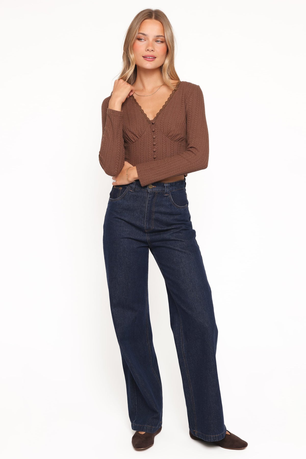 Leslie Long Sleeve Textured Button Front Top in Chocolate – view 5 of 6