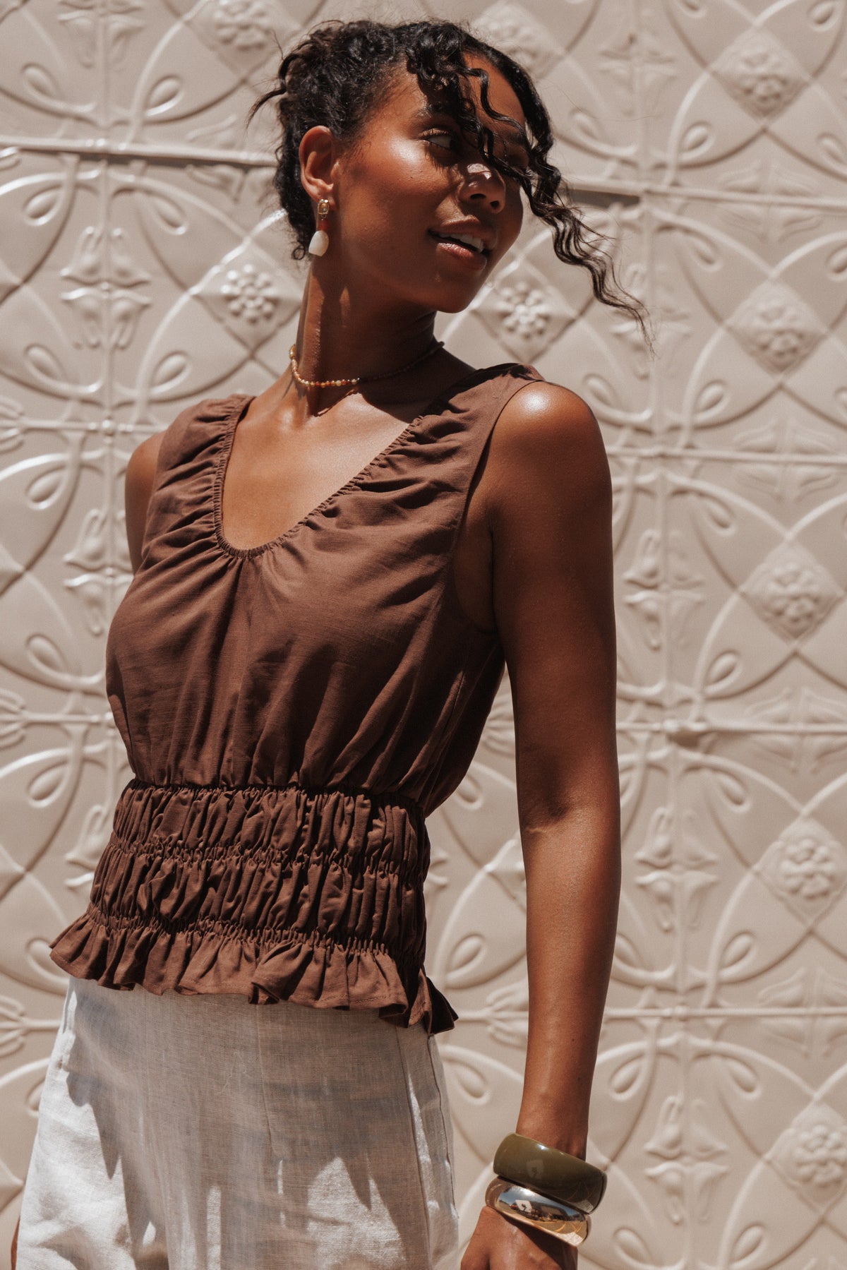 Lucilla Shirred Waist Top in Chocolate – view 8 of 8