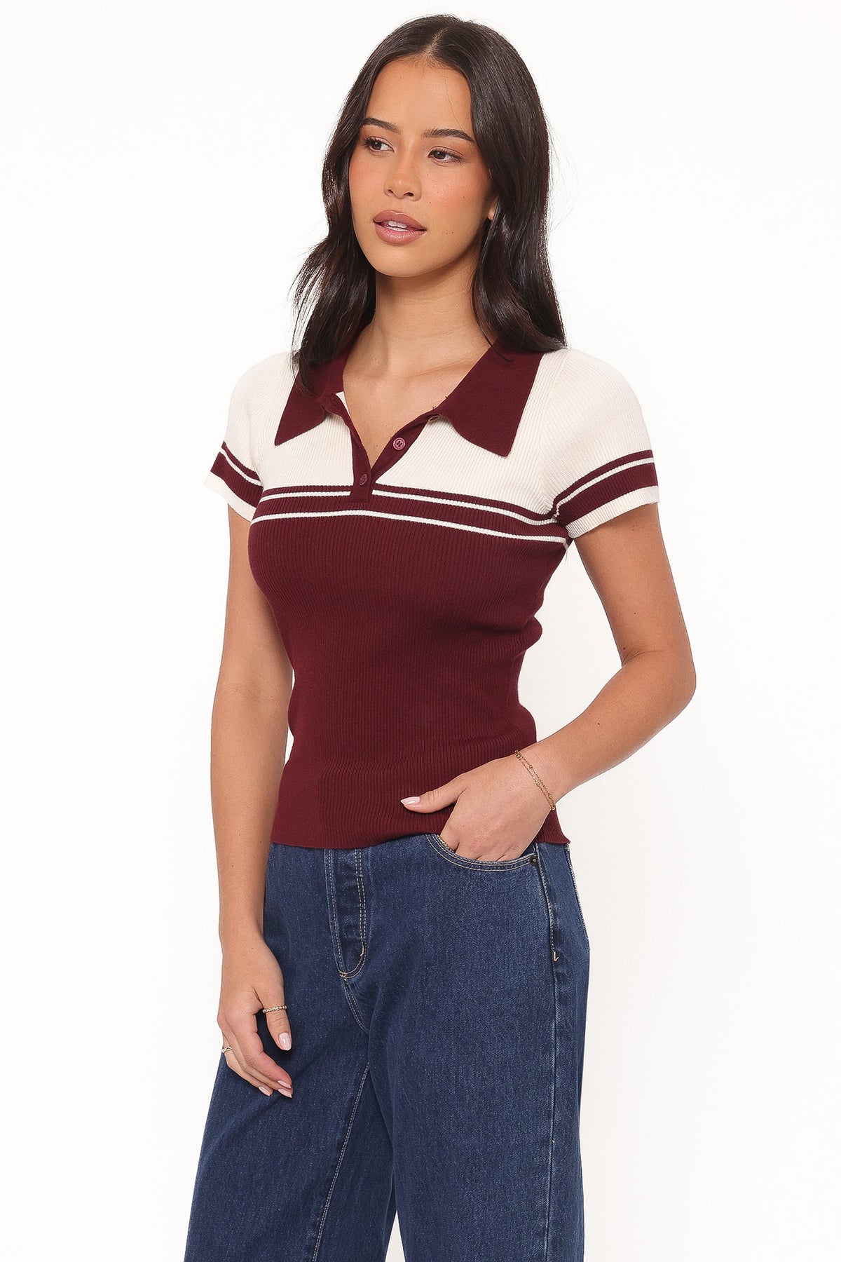 Maris Knit Polo Top in Burgundy/Cream Stripe – view 4 of 8