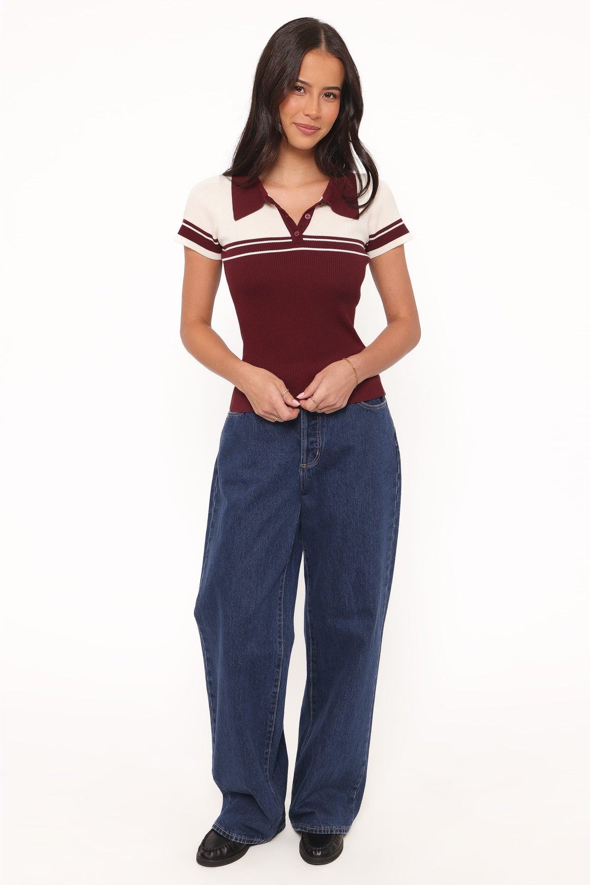 Maris Knit Polo Top in Burgundy/Cream Stripe – view 6 of 8