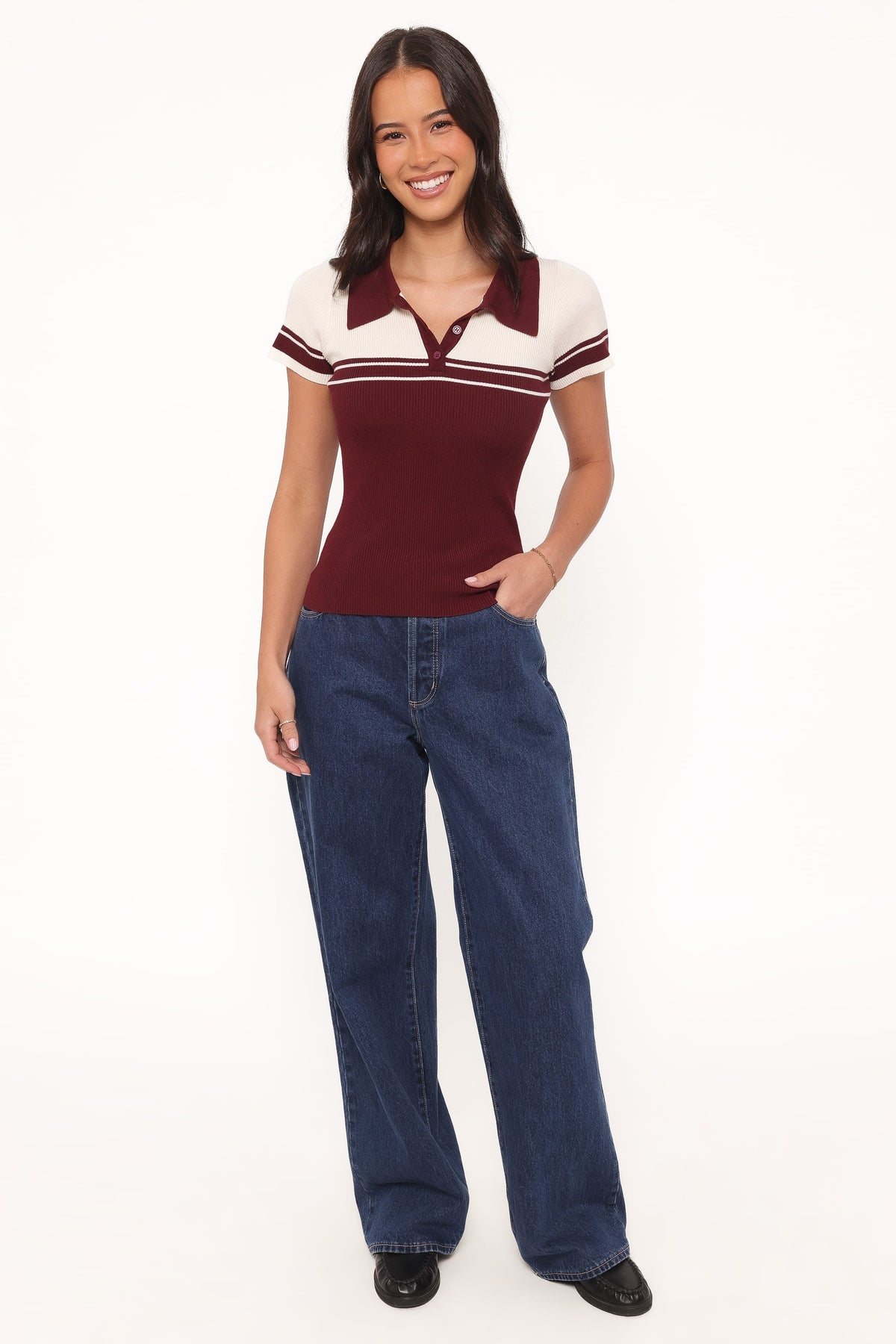 Maris Knit Polo Top in Burgundy/Cream Stripe – view 2 of 8