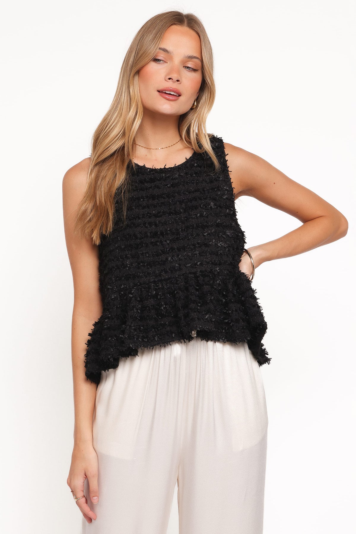 Meira Peplum Drop Hem Tank Top in Black – view 3 of 7