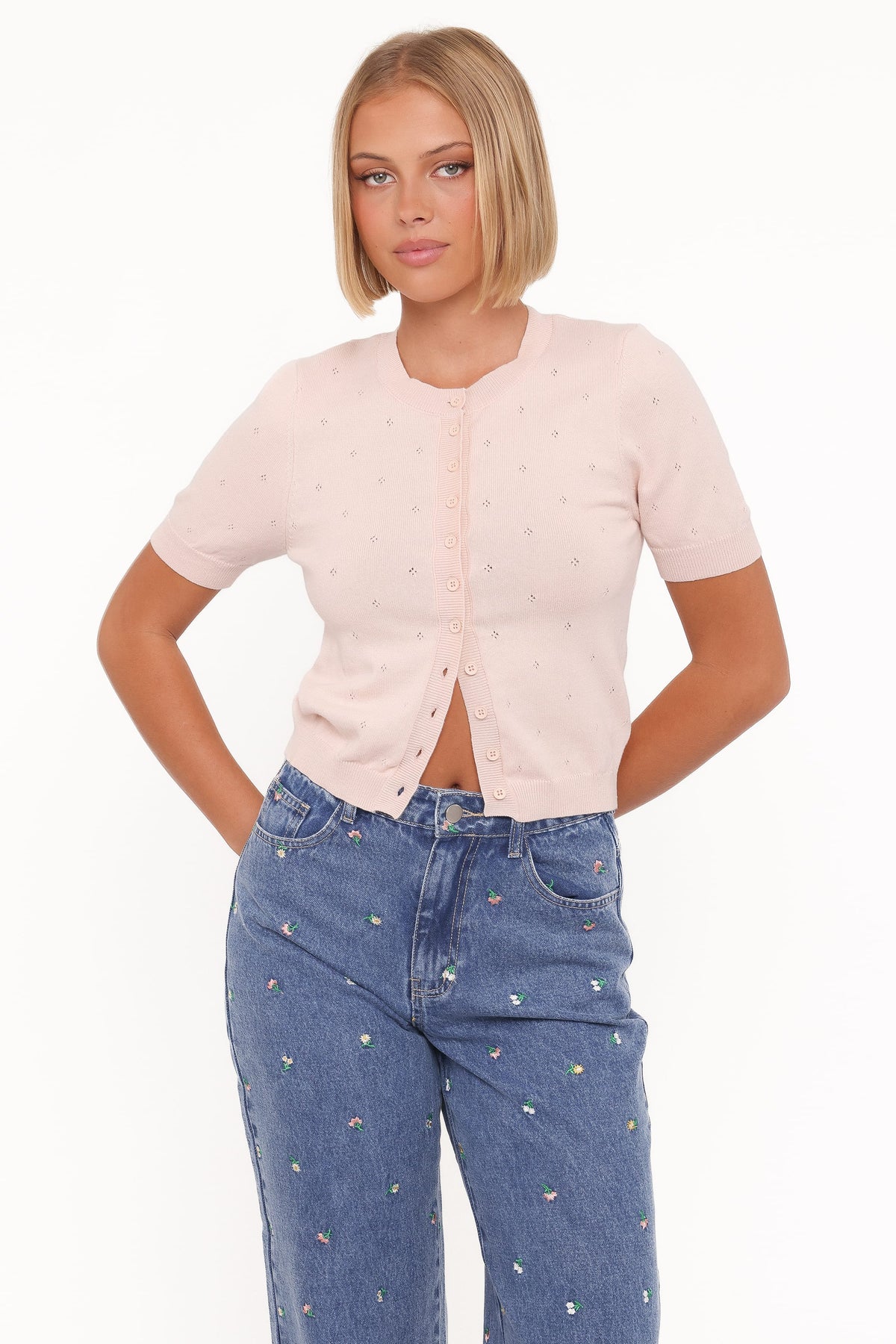 Monae Pointelle Button Up Top in Pink – view 1 of 7