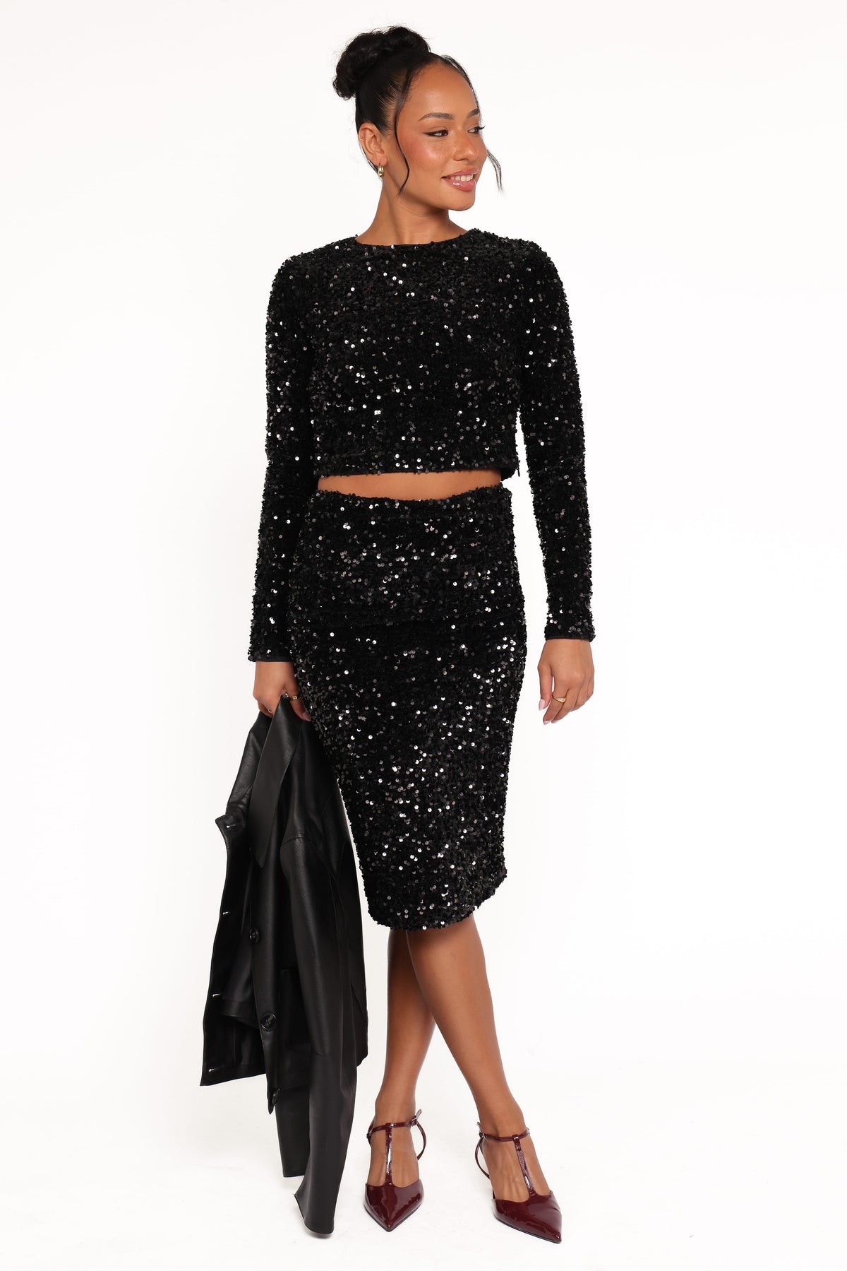 Quinne Cropped Sequin Top in Black – view 6 of 8