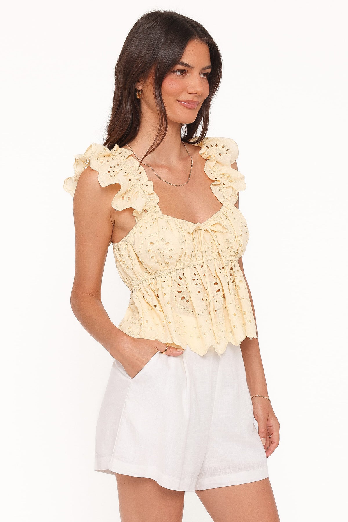 Regina Eyelet Ruffle Top in Butter Yellow – view 3 of 6