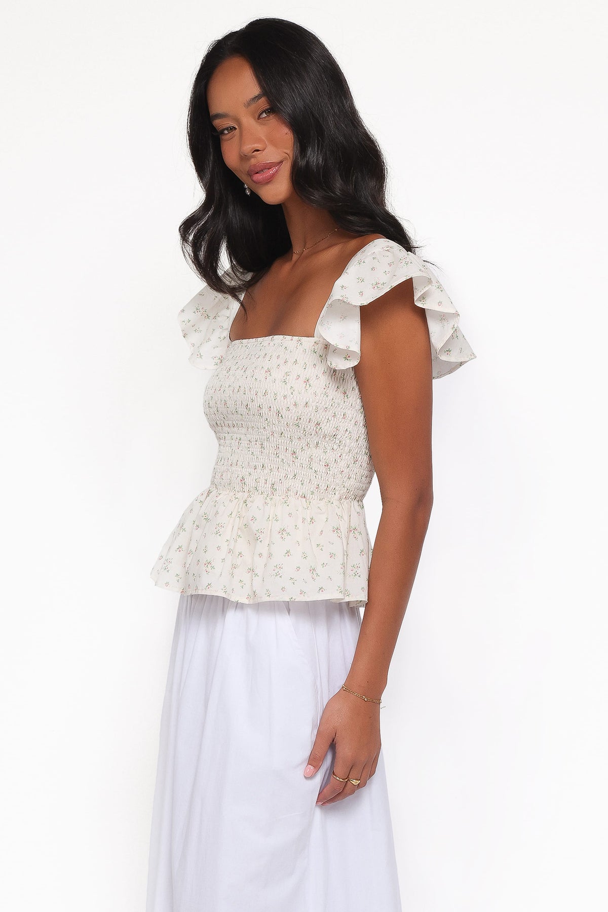 Remira Smocked Ruffle Top in White Betty – view 4 of 7