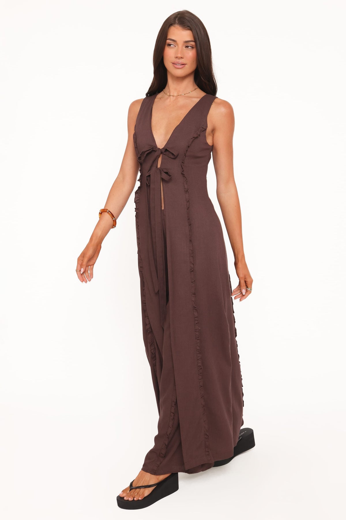 Sasha Frill Tie Front Top in Dark Brown – view 4 of 9