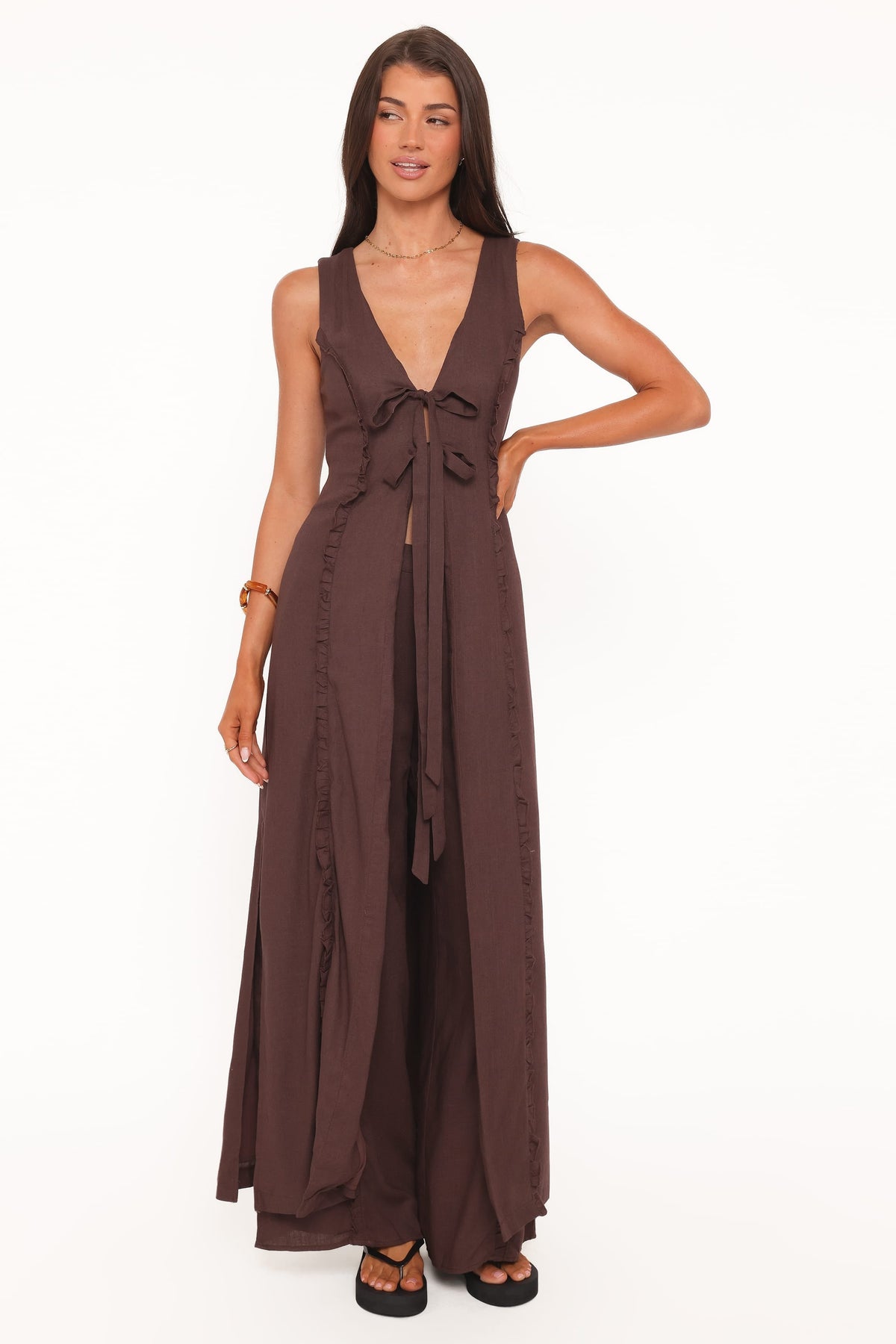 Sasha Frill Tie Front Top in Dark Brown – view 2 of 9
