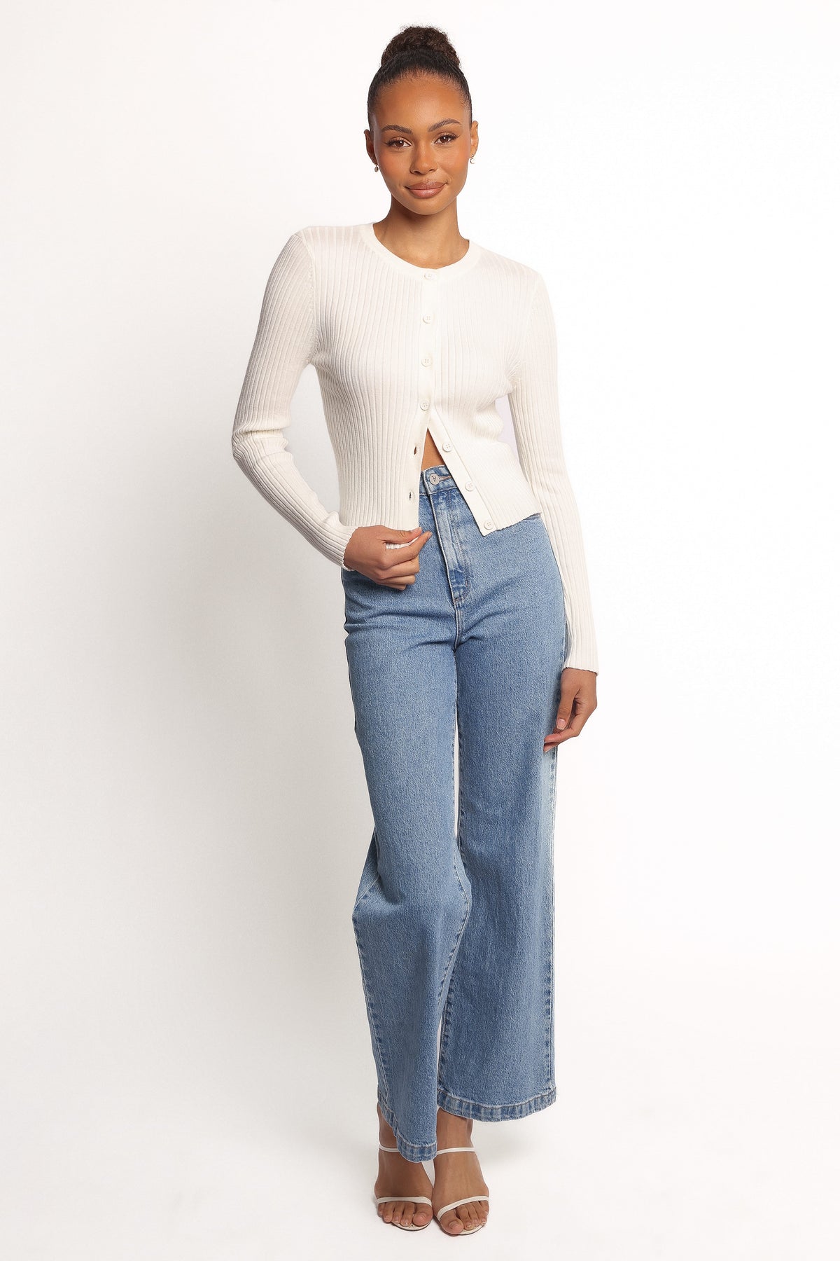 Searie Ribbed Cardigan Top in Cream – view 2 of 9