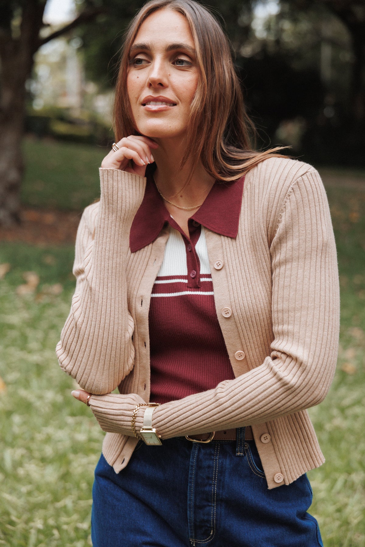 Searie Ribbed Cardigan Top in Warm Sand – view 1 of 7
