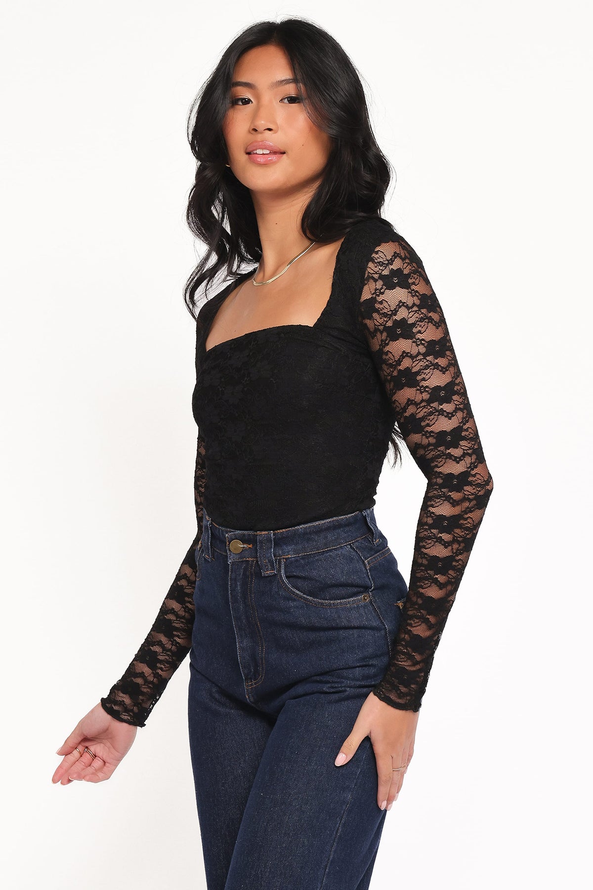 Skyler Square Neck Stretch Lace Top in Black – view 3 of 6
