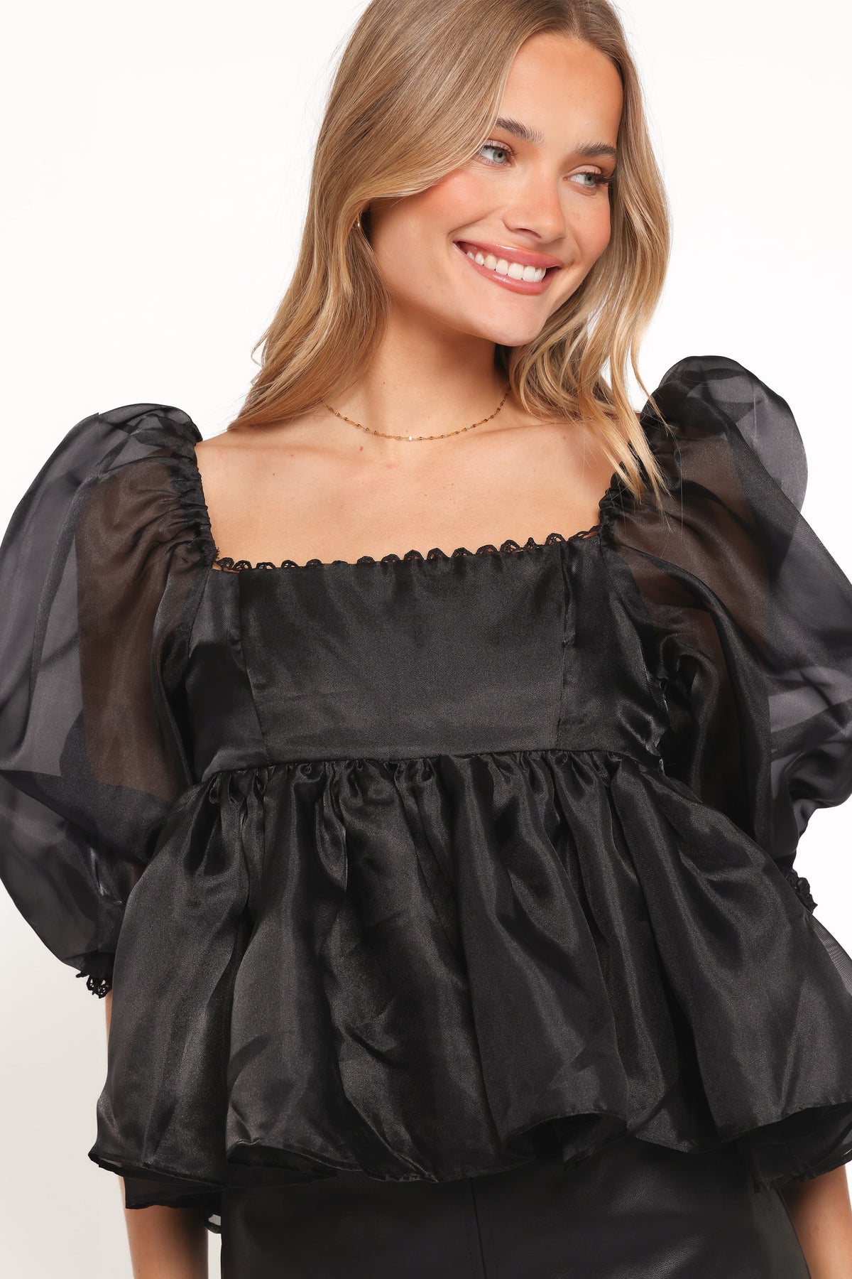 Solenne Puff Sleeve Peplum Organza Top in Black – view 3 of 7
