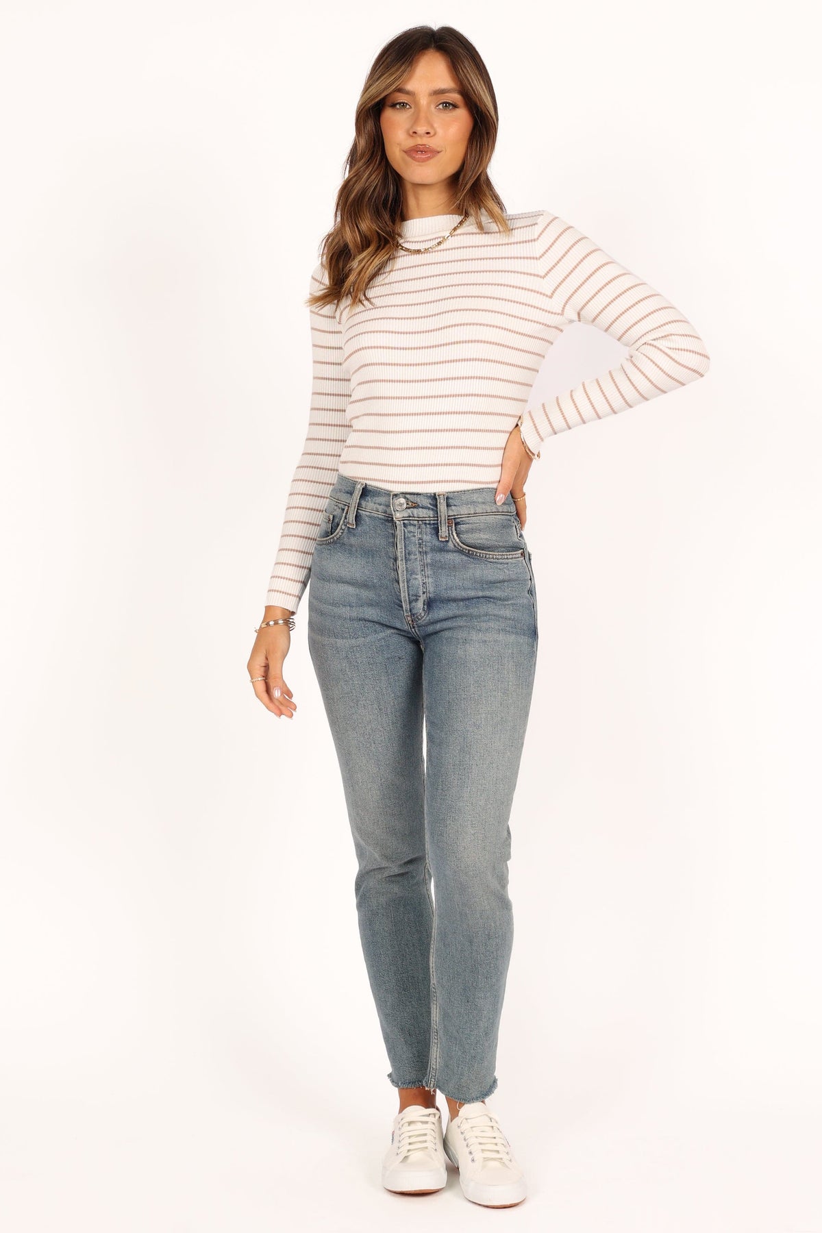 Stacie Ribbed Knit Top in Beige Stripe – view 5 of 10