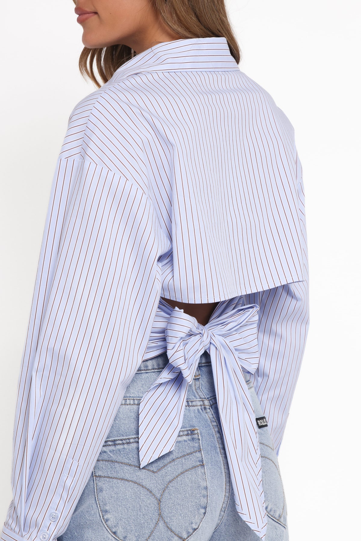 Vienne Tie Back Button Up Shirt in Blue/Brown Stripe – view 3 of 9