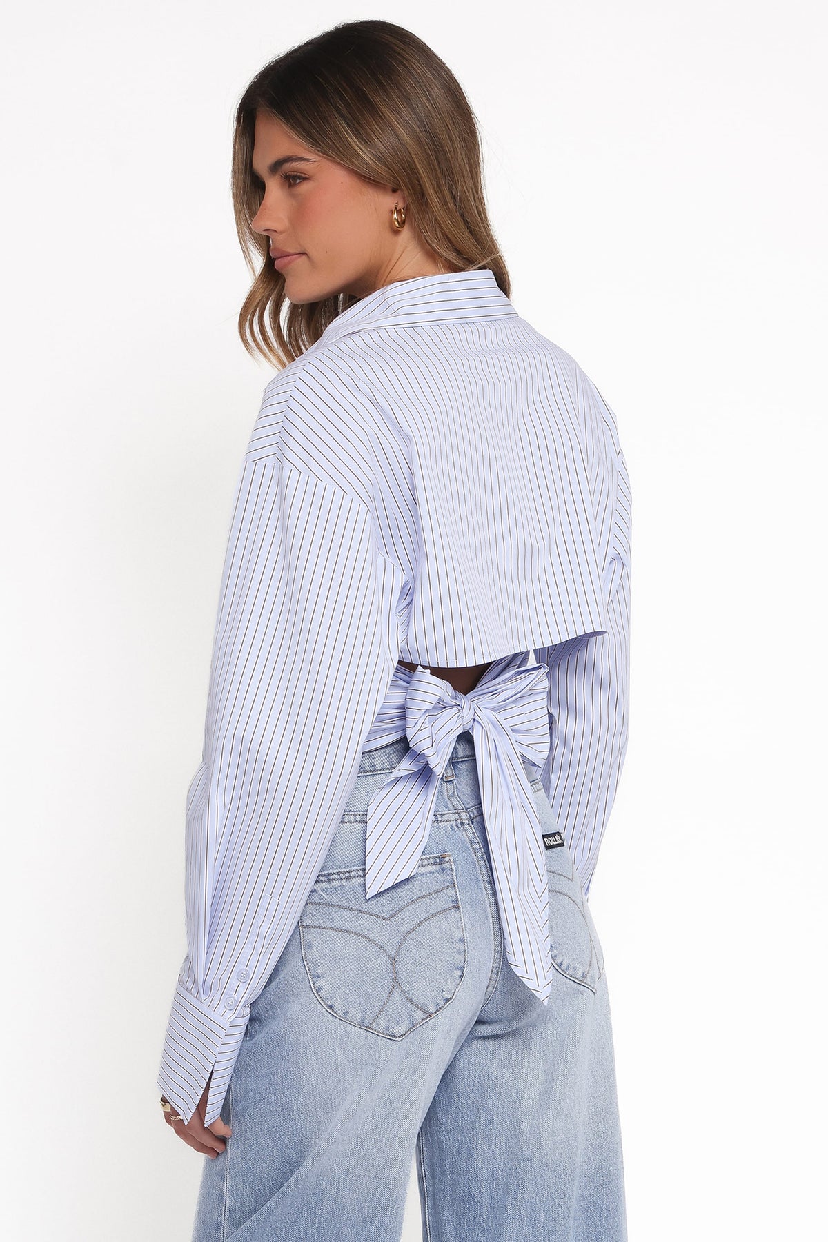 Vienne Tie Back Button Up Shirt in Blue/Brown Stripe – view 5 of 9