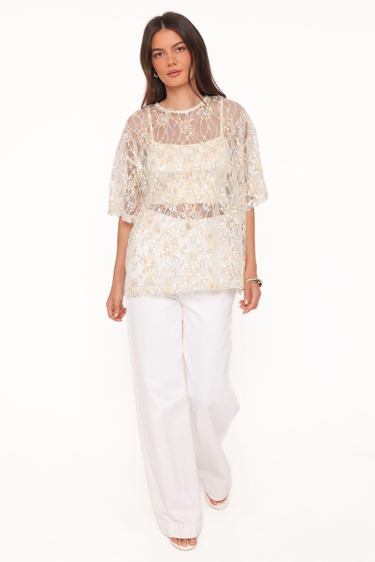 Yonder Sheer Lace Tee Top in Pale Yellow – view 6 of 9