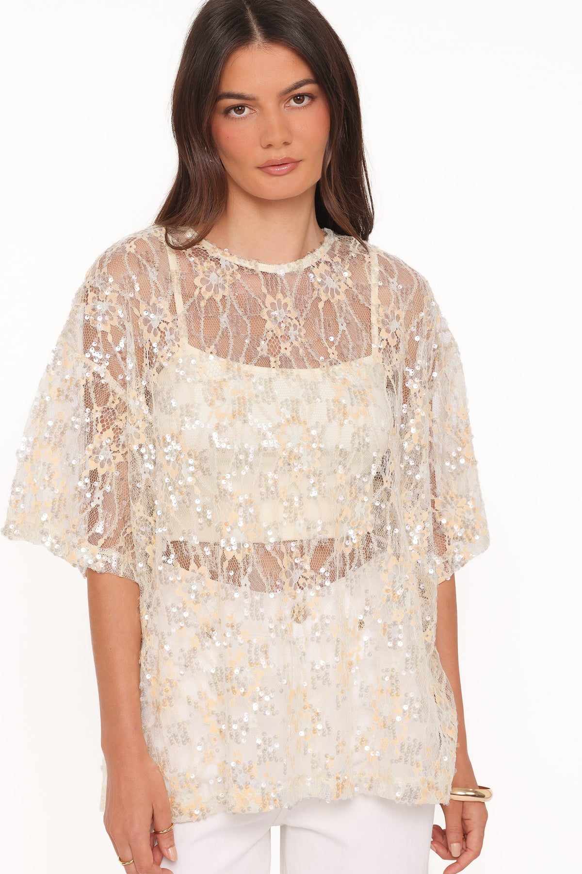 Yonder Sheer Lace Tee Top in Pale Yellow – view 3 of 9