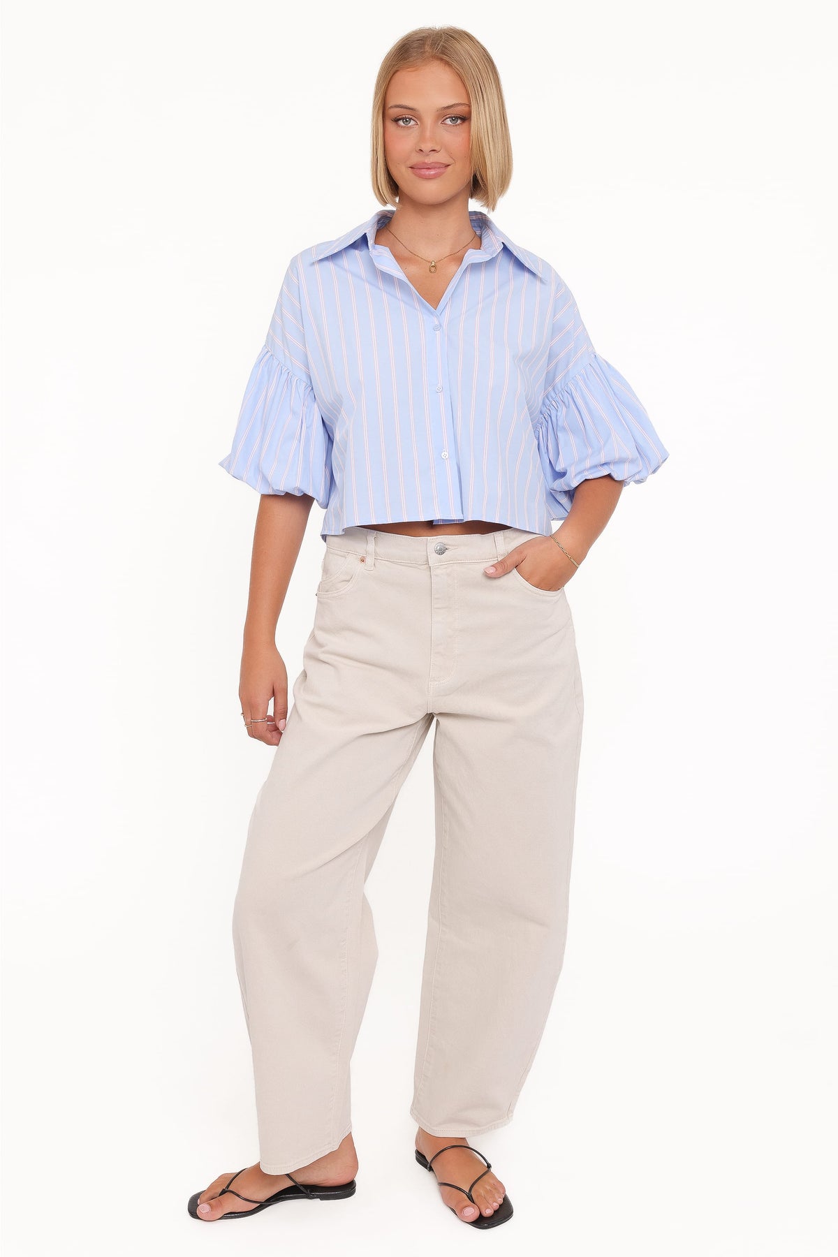 Zella Puff Sleeve Button Up Shirt in Blue White Stripe – view 6 of 8