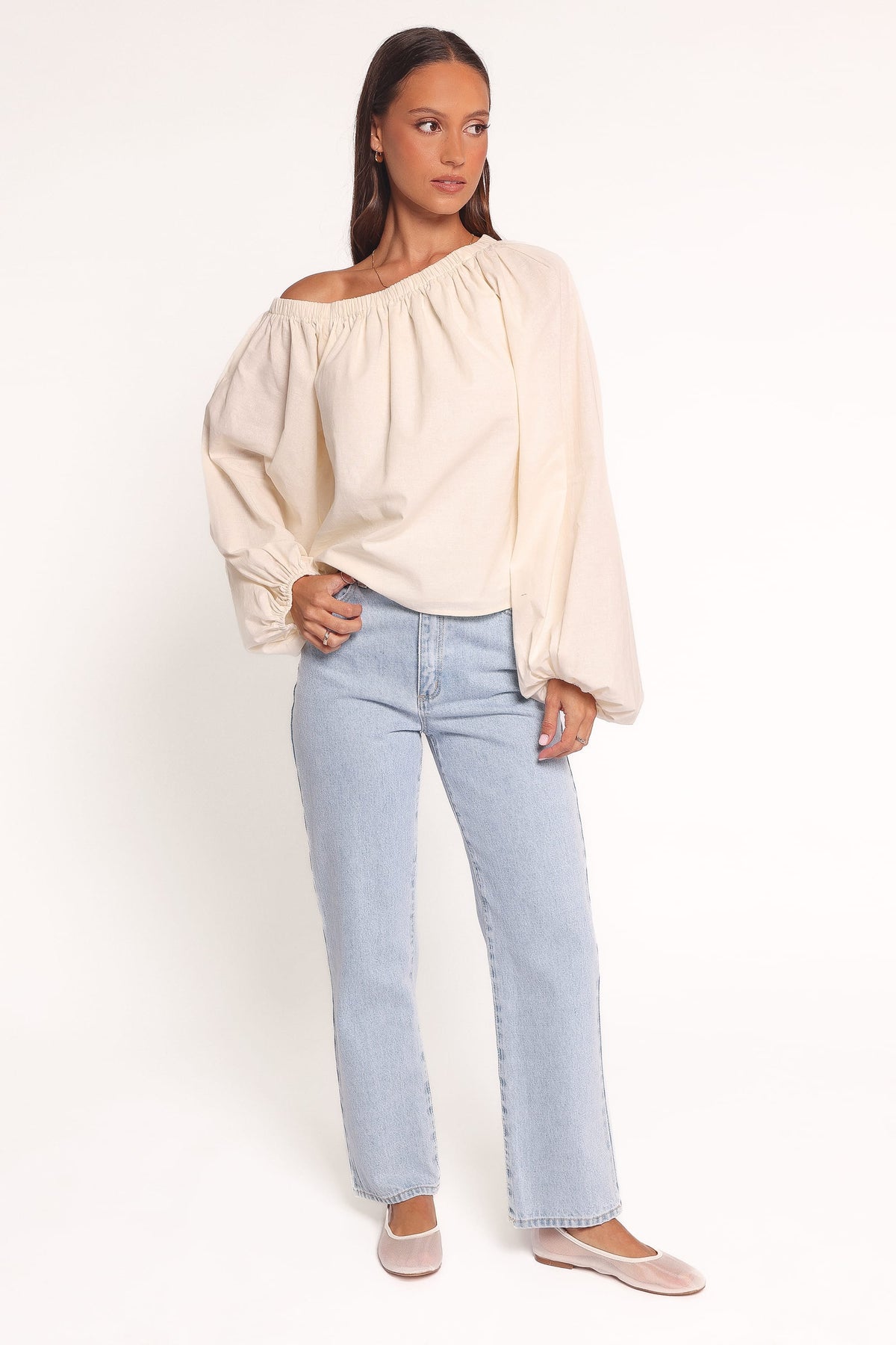 Zion Off Shoulder Long Sleeve Top in Ivory – view 6 of 7