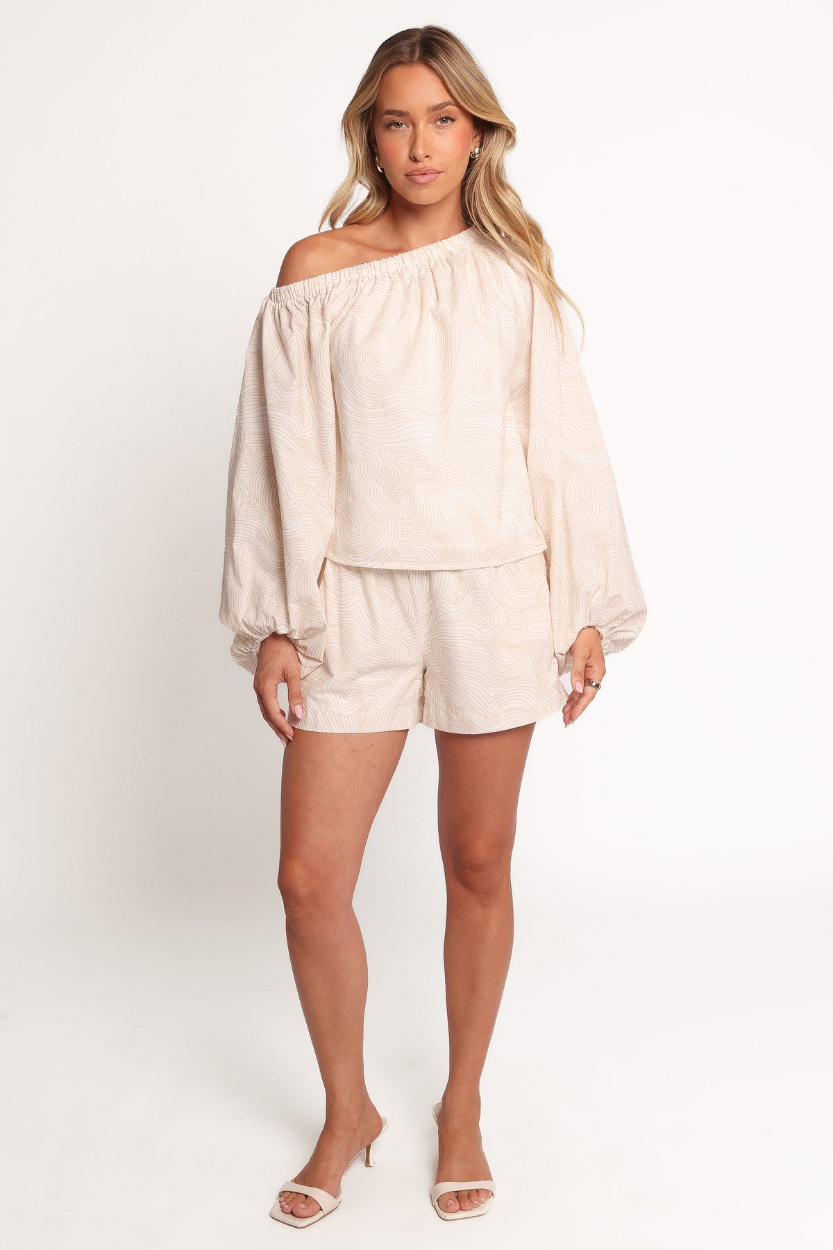 Zion Off Shoulder Long Sleeve Top in Tan Swirl – view 7 of 8