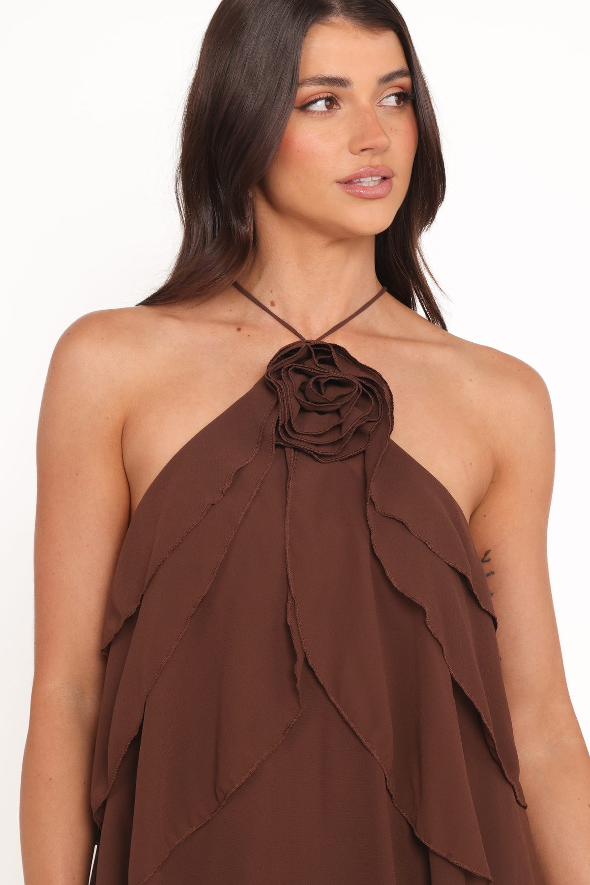 Zorina Halter Neck Chiffon Top in Brown – view 3 of 9