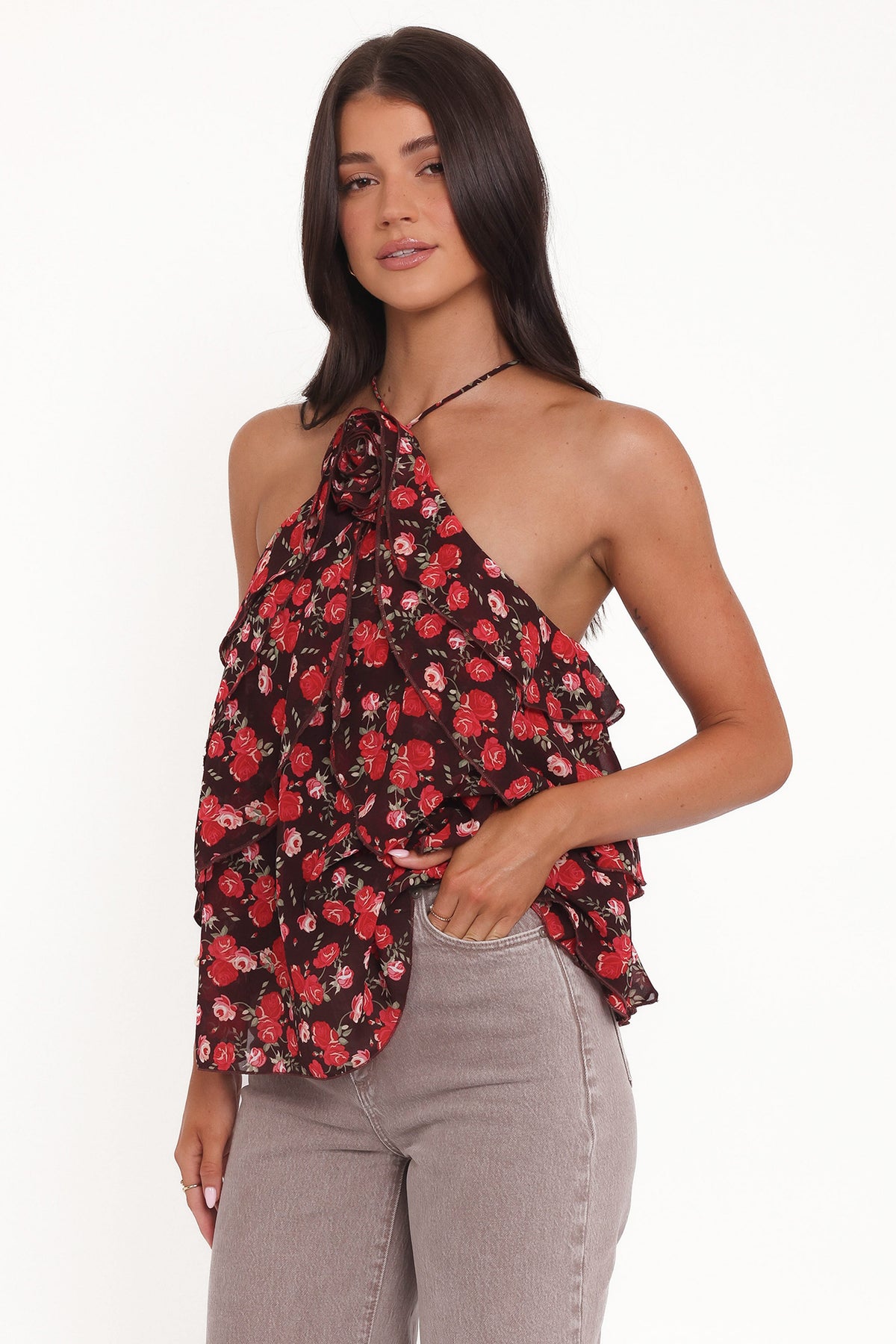 Zorina Halter Neck Chiffon Top in Brown Floral – view 4 of 8