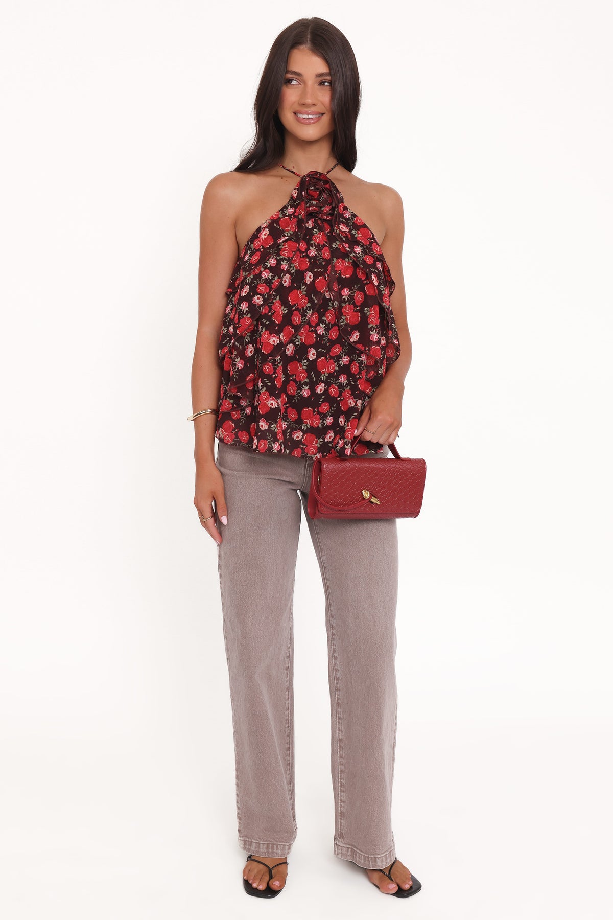 Zorina Halter Neck Chiffon Top in Brown Floral – view 2 of 8