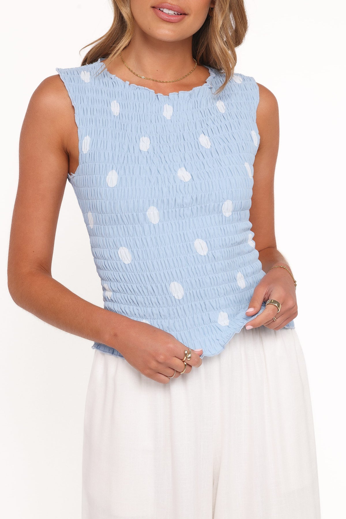 Zoya Shirred Top in Blue Polka Dot – view 4 of 9
